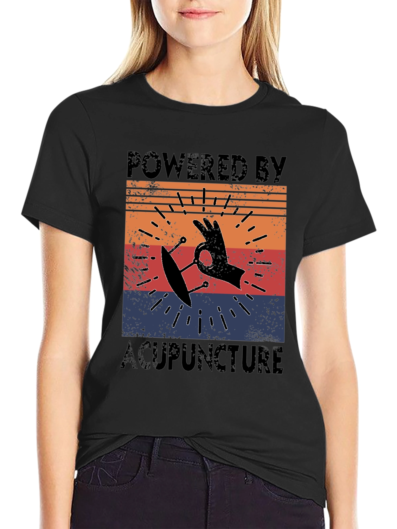 Black Powered by Acupuncture Retro T-Shirt view 2