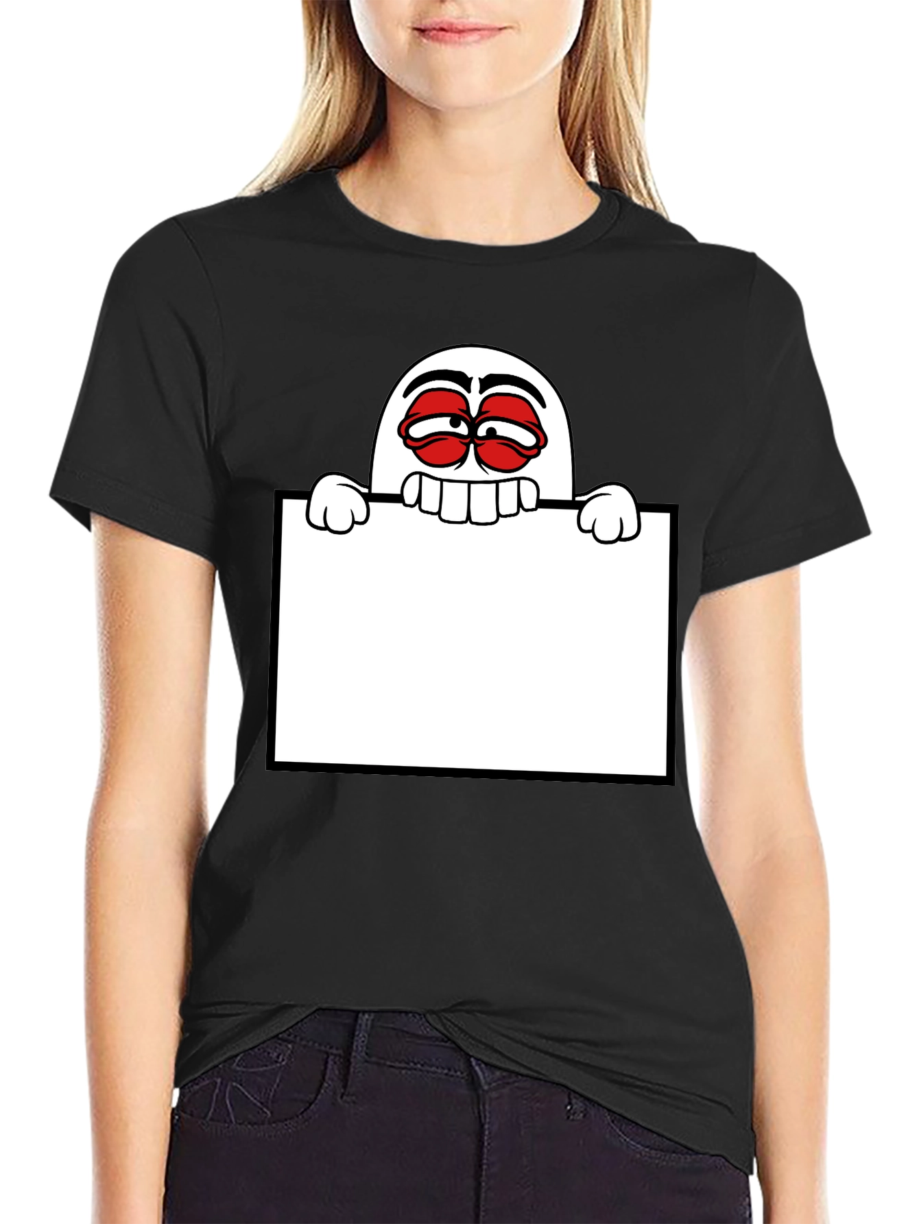 Black Funny Graphic Tee - Cartoon Character Holding Sign view 2