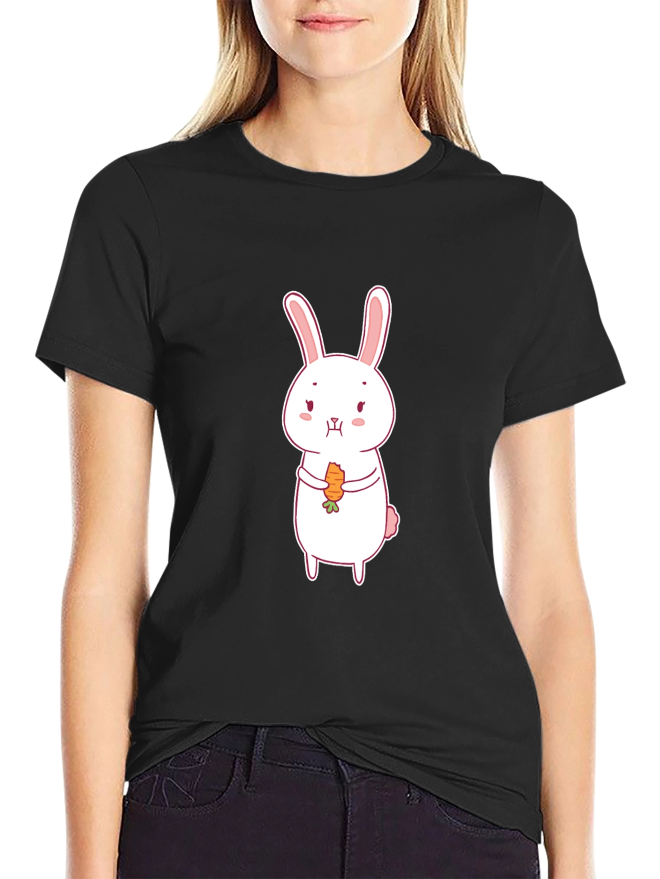 Black Cute Rabbit Carrot Graphic Black T-Shirt view 2