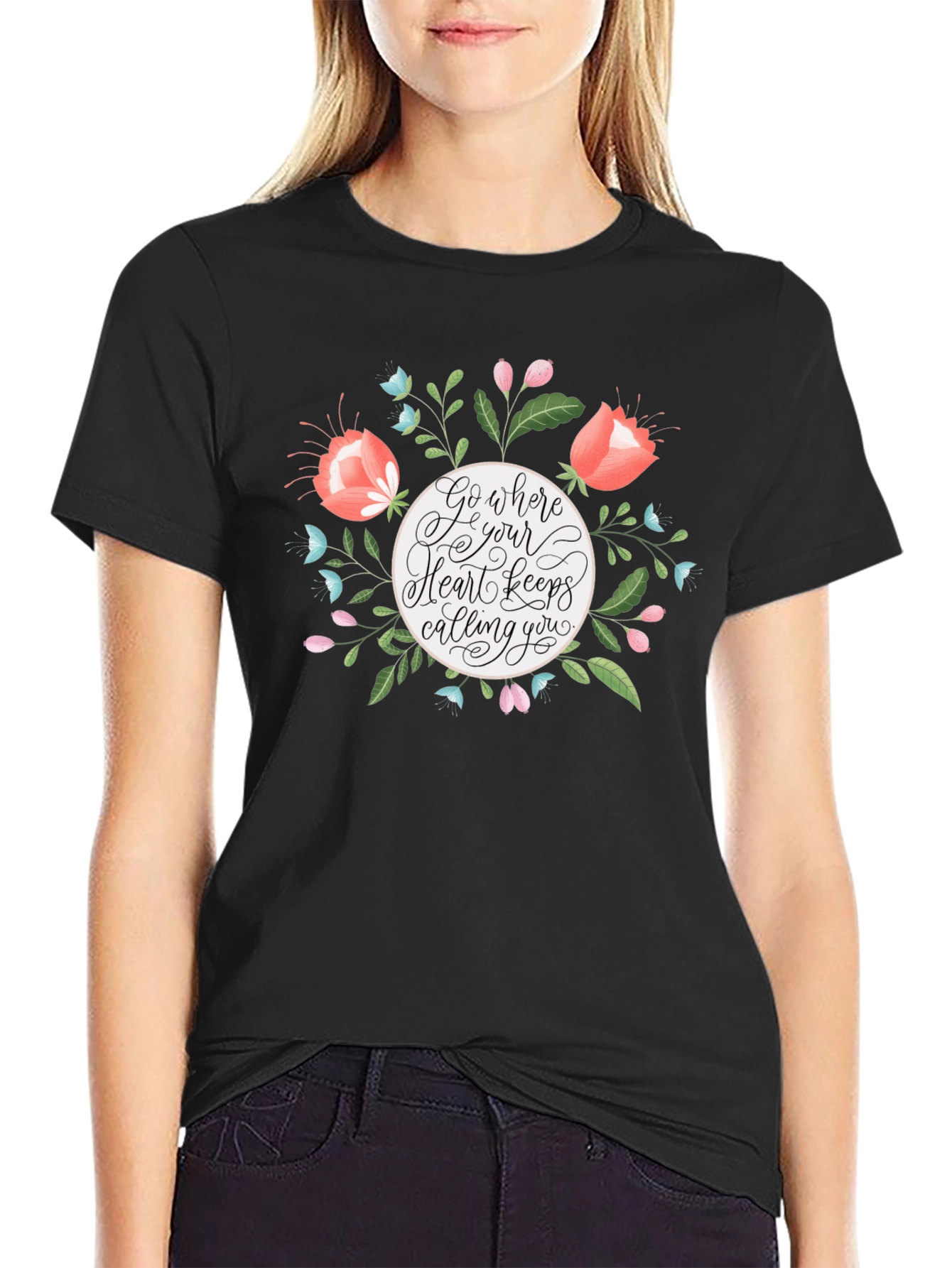 Black Floral Heart Keeps Calling Tee view 2