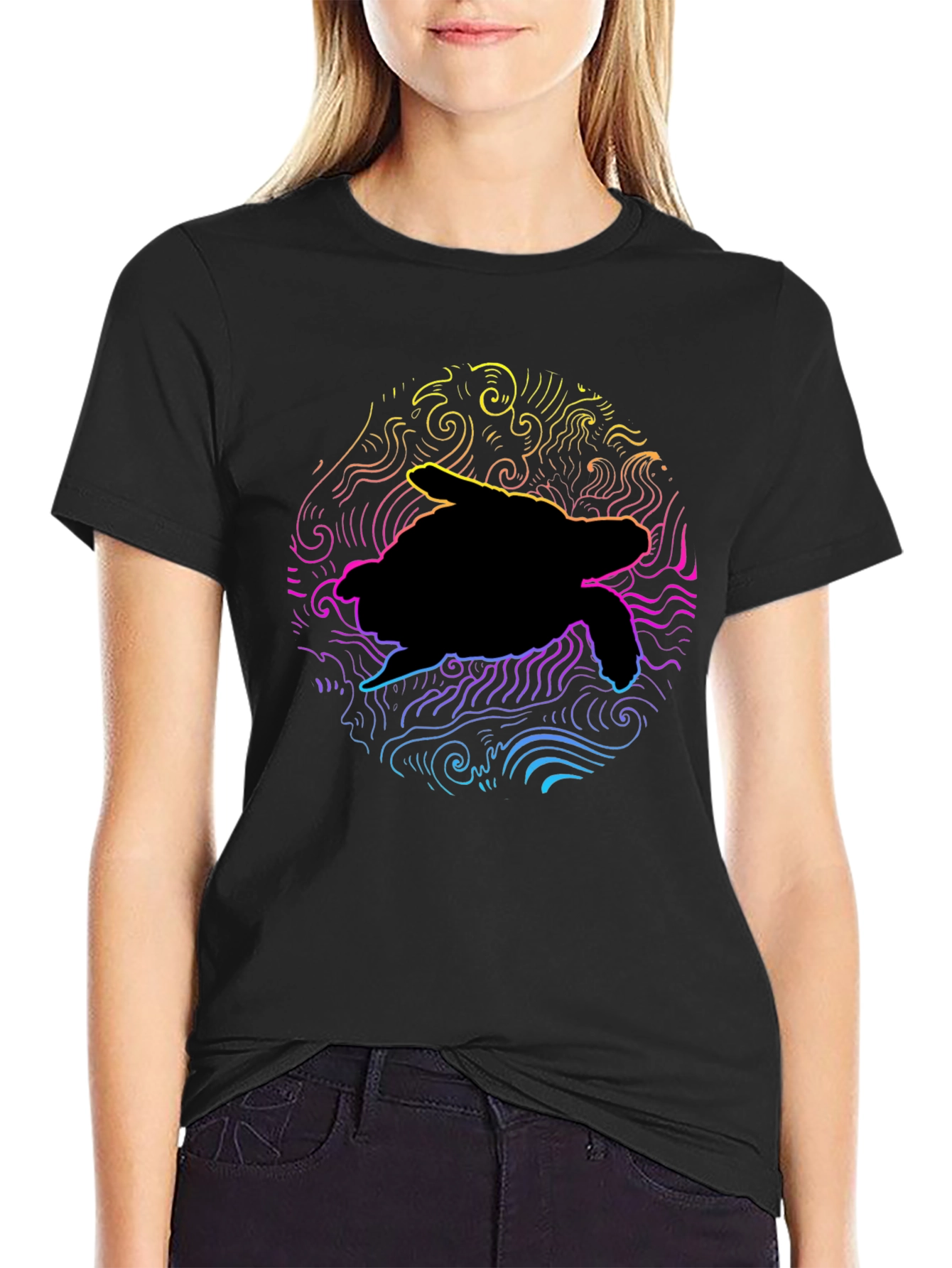 Black Neon Turtle Graphic T-Shirt - Black Cotton Blend view 2