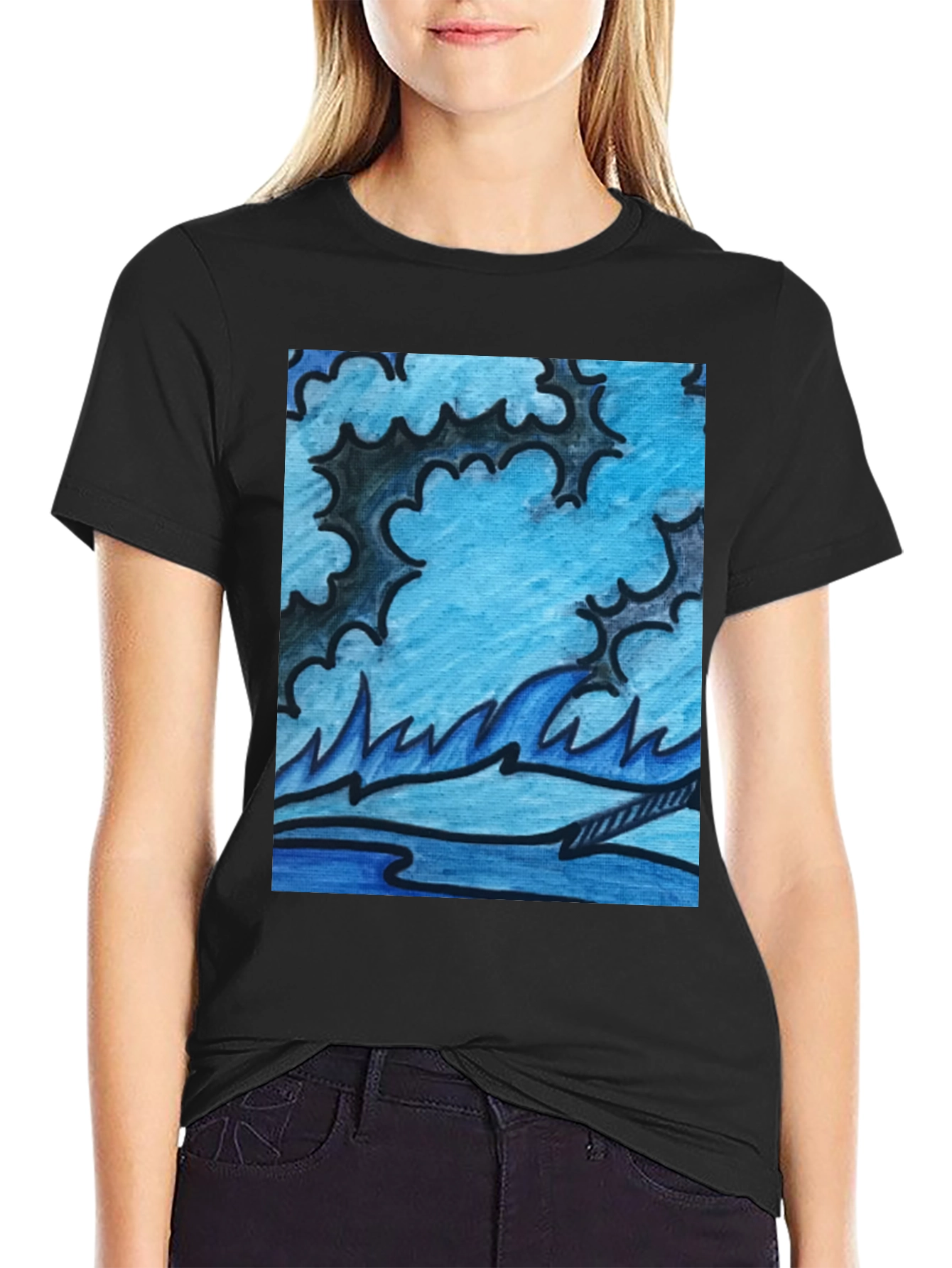 Black Abstract Blue Wave Graphic Black T-Shirt view 2