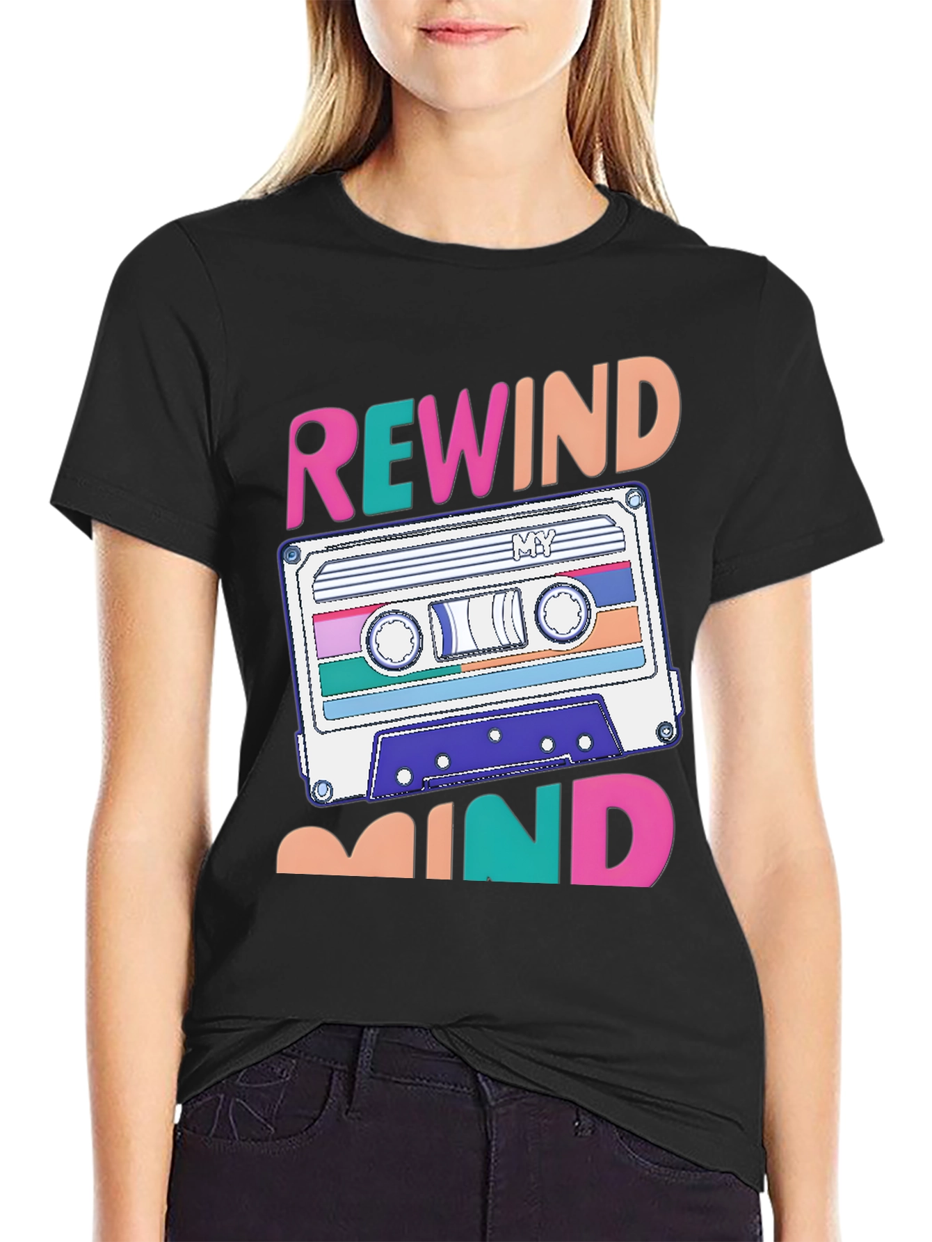 Black Rewind Mind Cassette Tape Graphic T-Shirt view 2