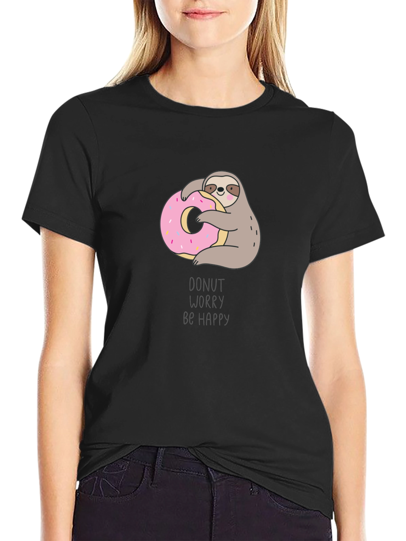 Black Donut Worry Be Happy Sloth T-Shirt view 2