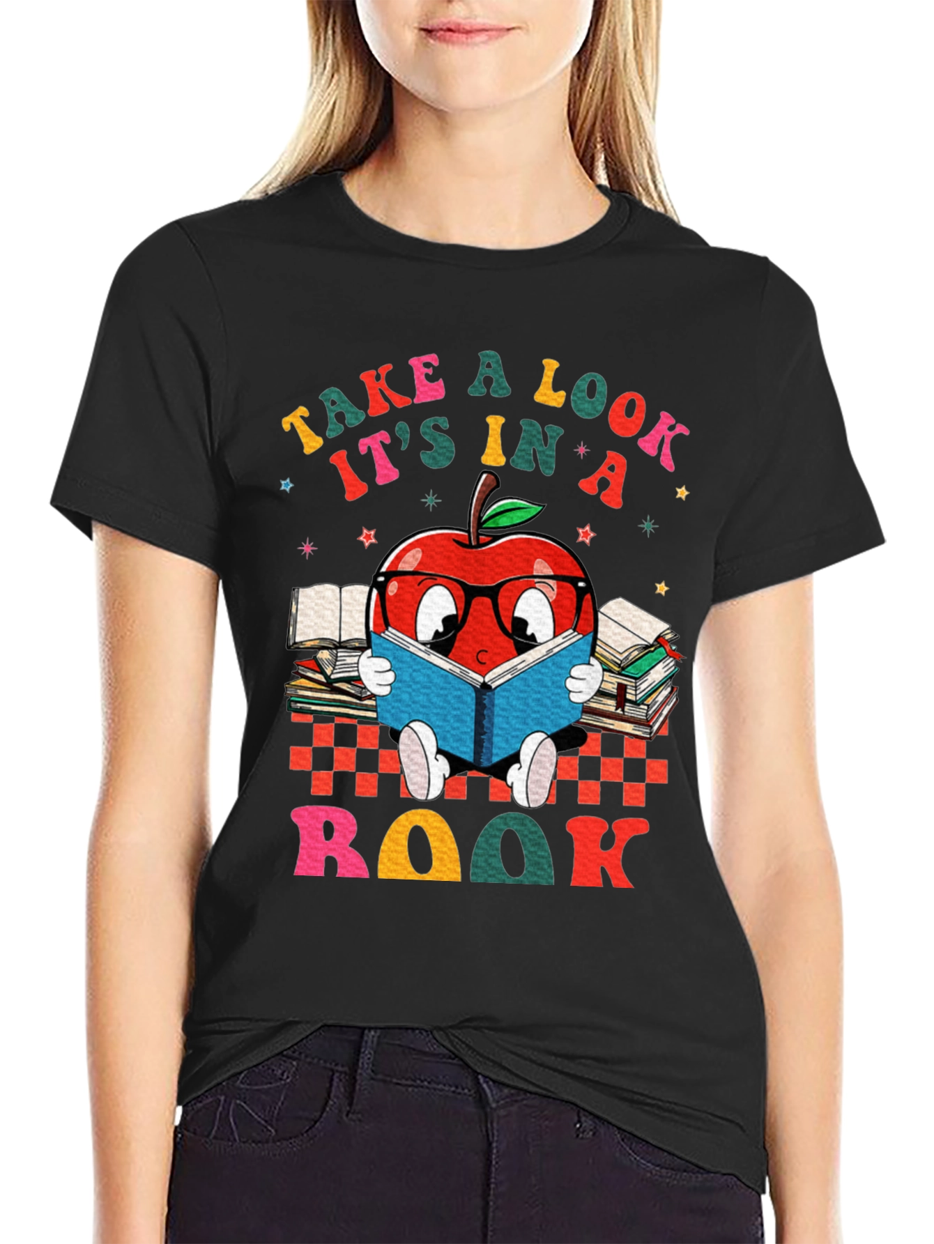Black Bookworm Apple T-Shirt - Take a Look, It's in a Book! view 2
