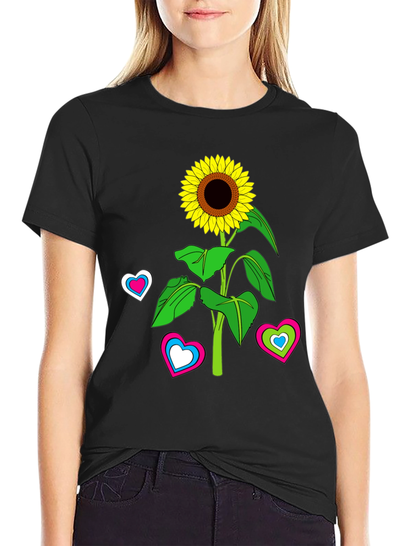 Black Sunflower Heart Graphic Tee - Black Cotton Blend T-Shirt view 2