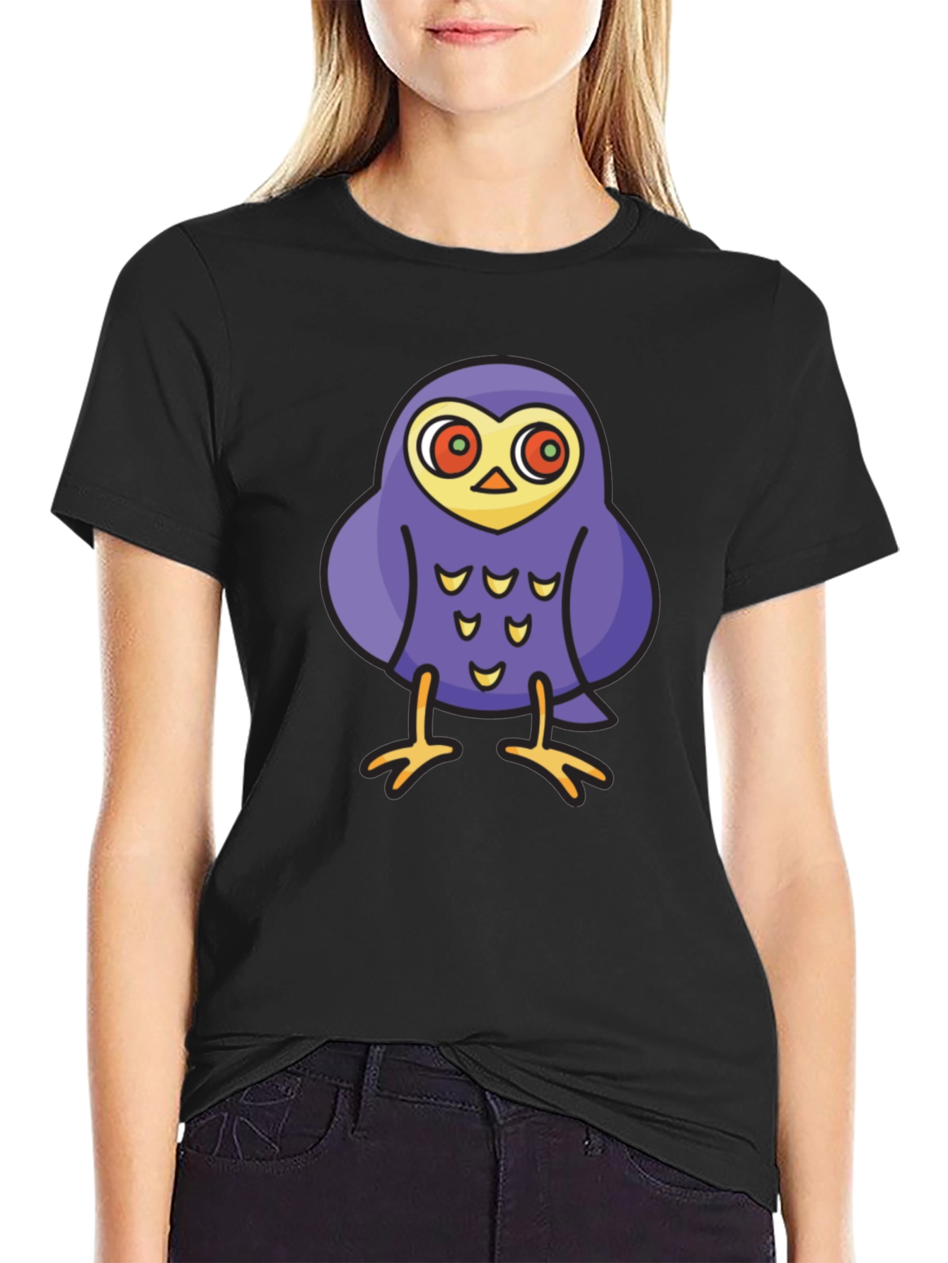 Black Cartoon Owl Graphic Tee - Black Cotton T-Shirt view 2