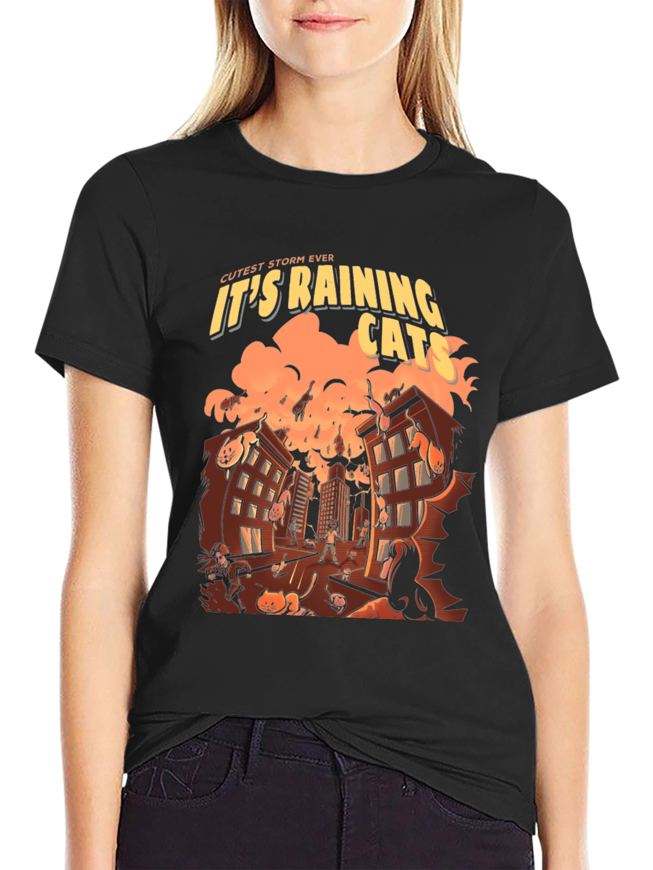 Black It's Raining Cats T-Shirt - Novelty Graphic Tee view 2