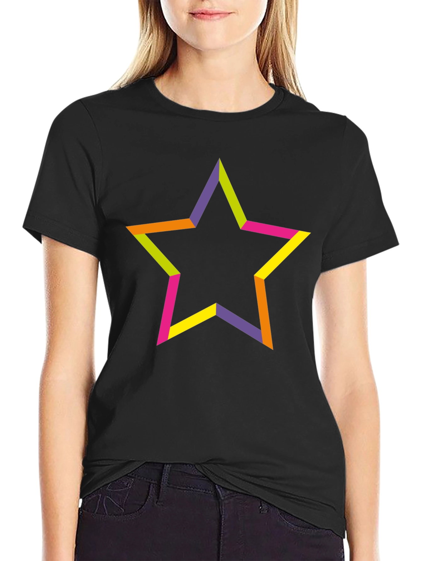 Black Colorful Star Graphic Black T-Shirt view 2