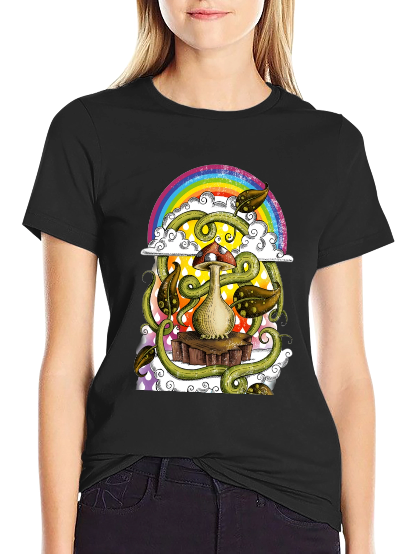 Black Mushroom Rainbow T-Shirt - Groovy Psychedelic Tee view 2