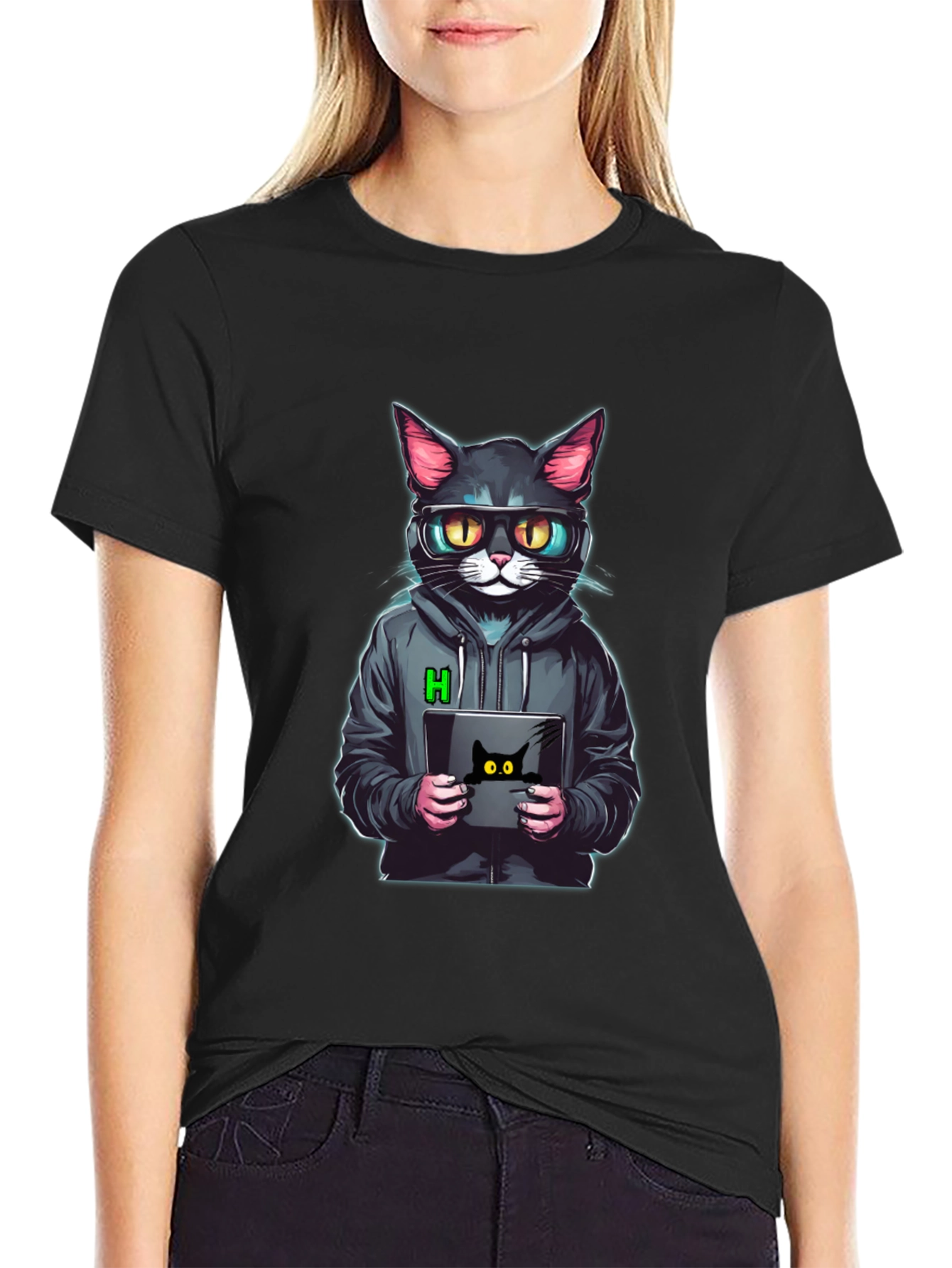Black Hacker Cat T-Shirt - Cool & Unique Design view 2