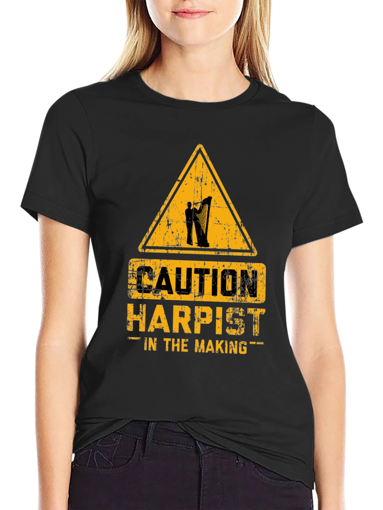 Black Caution Harpist In The Making Graphic T-Shirt view 2