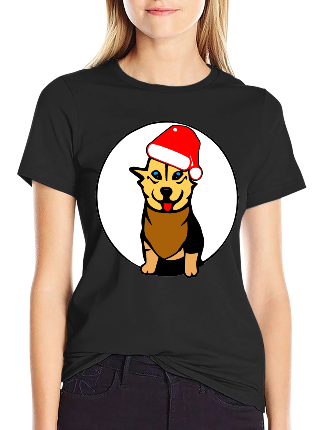 Black Dog with Santa Hat Black Graphic Tee view 2