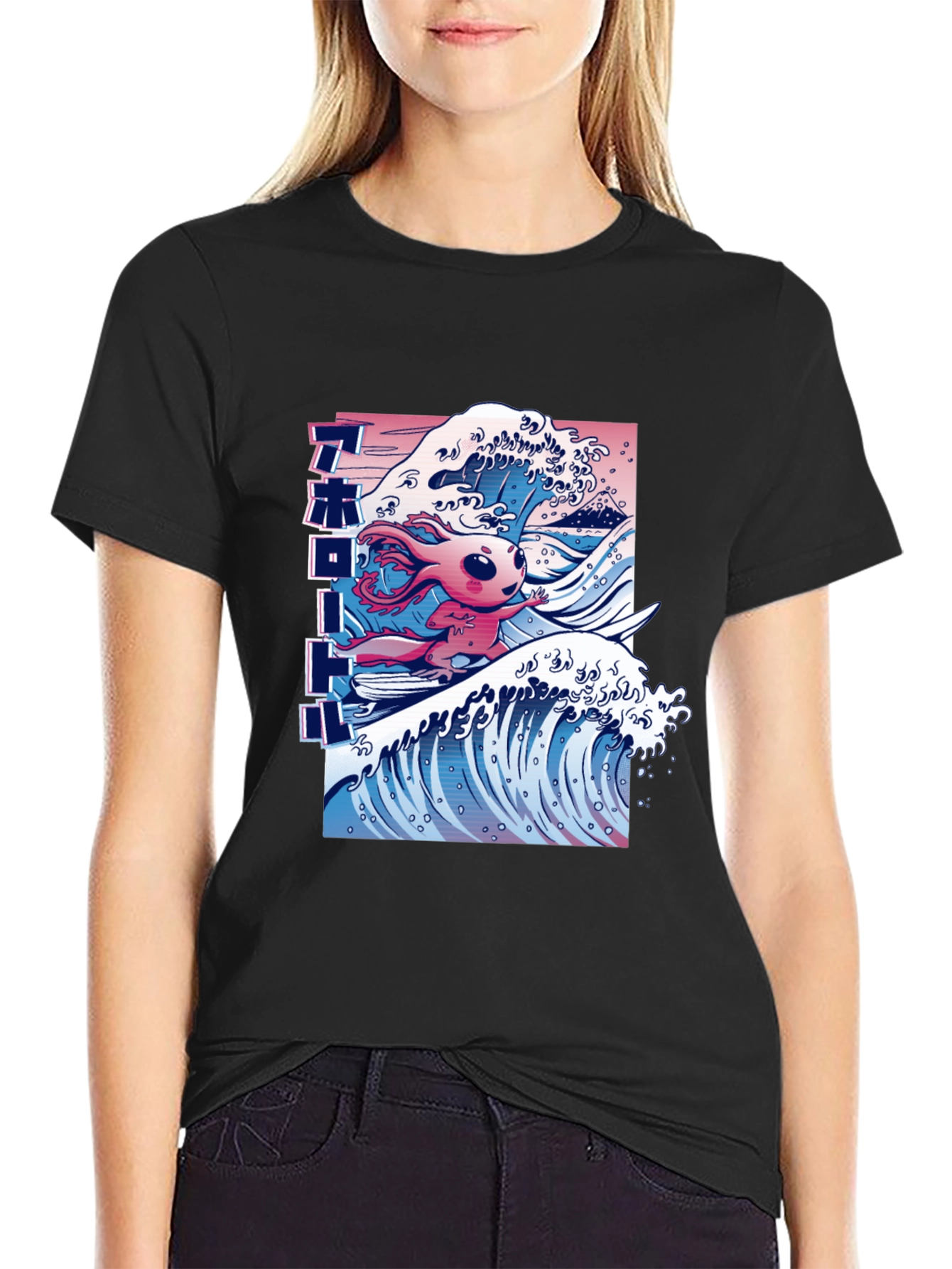 Black Surfing Axolotl Graphic Tee - Black Cotton Blend T-Shirt view 2