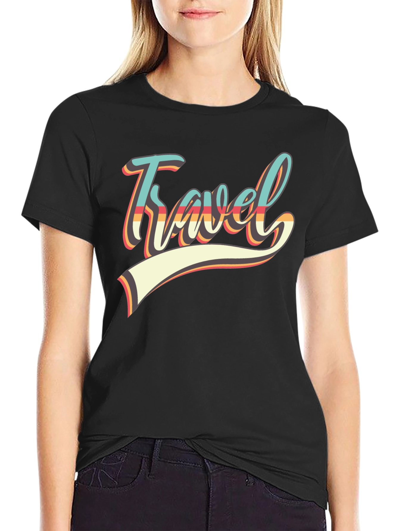 Black Retro Travel Graphic Tee - Black Cotton Shirt view 2