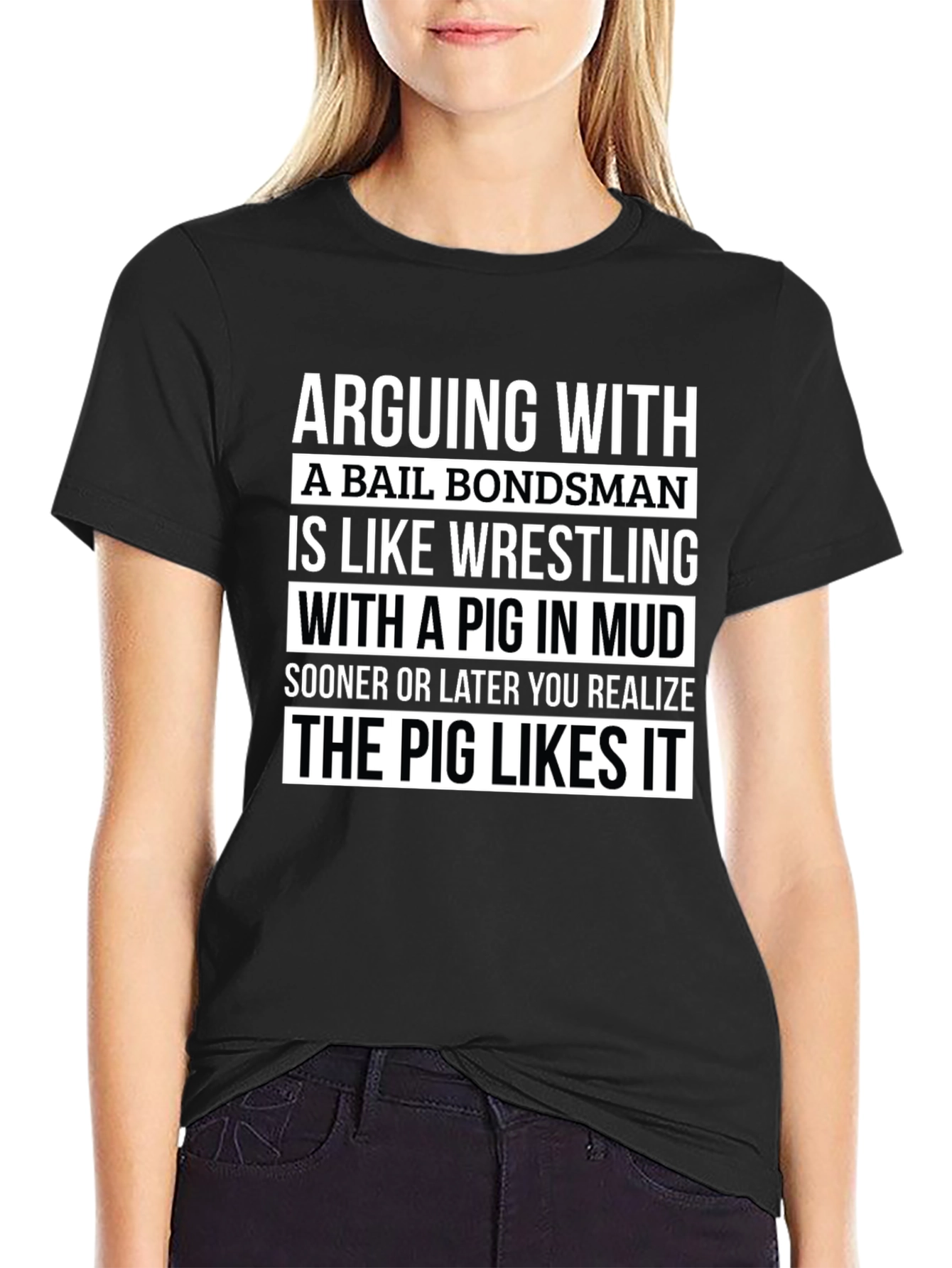 Black Bail Bondsman Pig Wrestling T-Shirt Funny Tee view 2