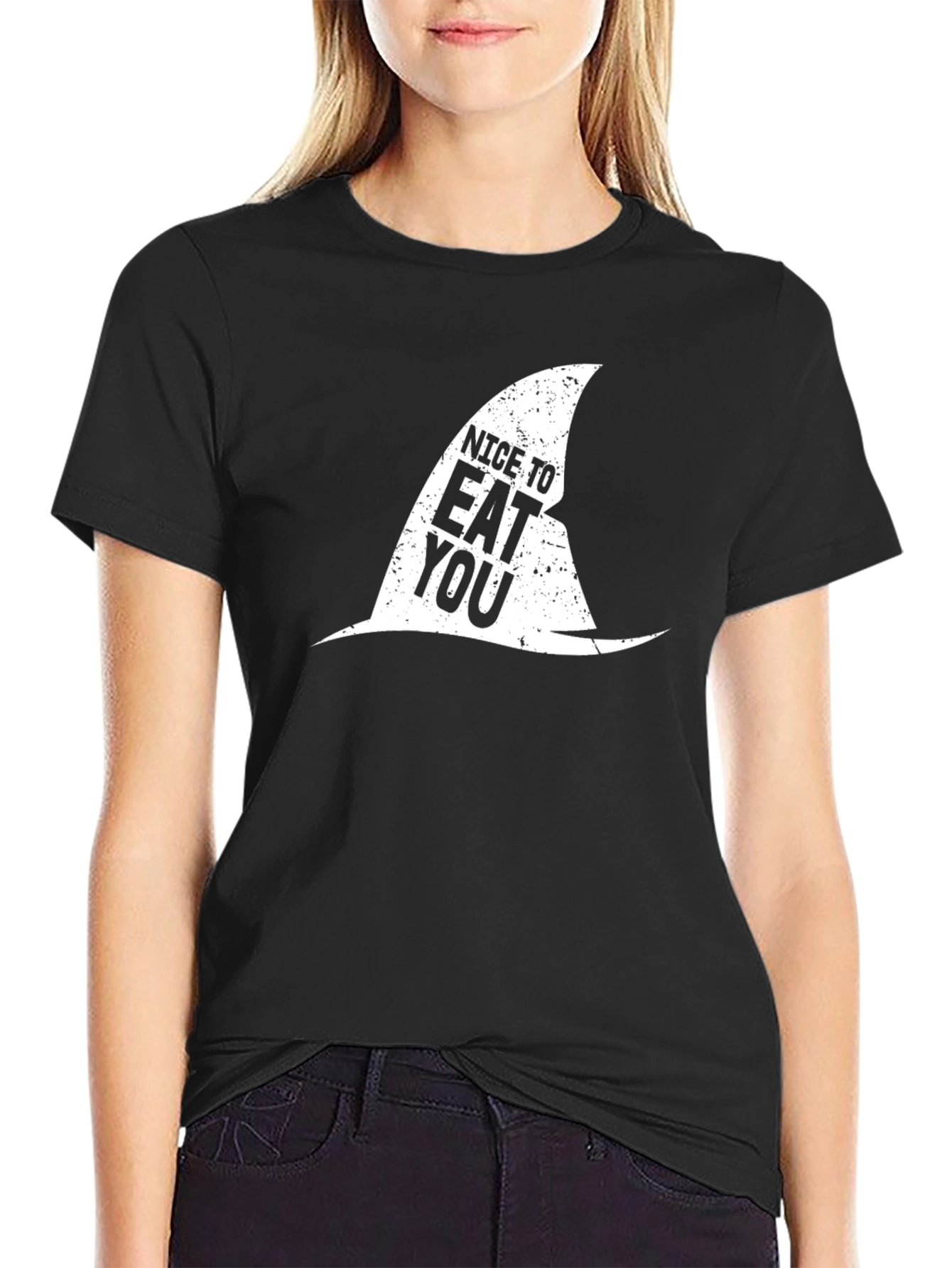 Black Nice To Eat You Shark Fin Black T-Shirt view 2