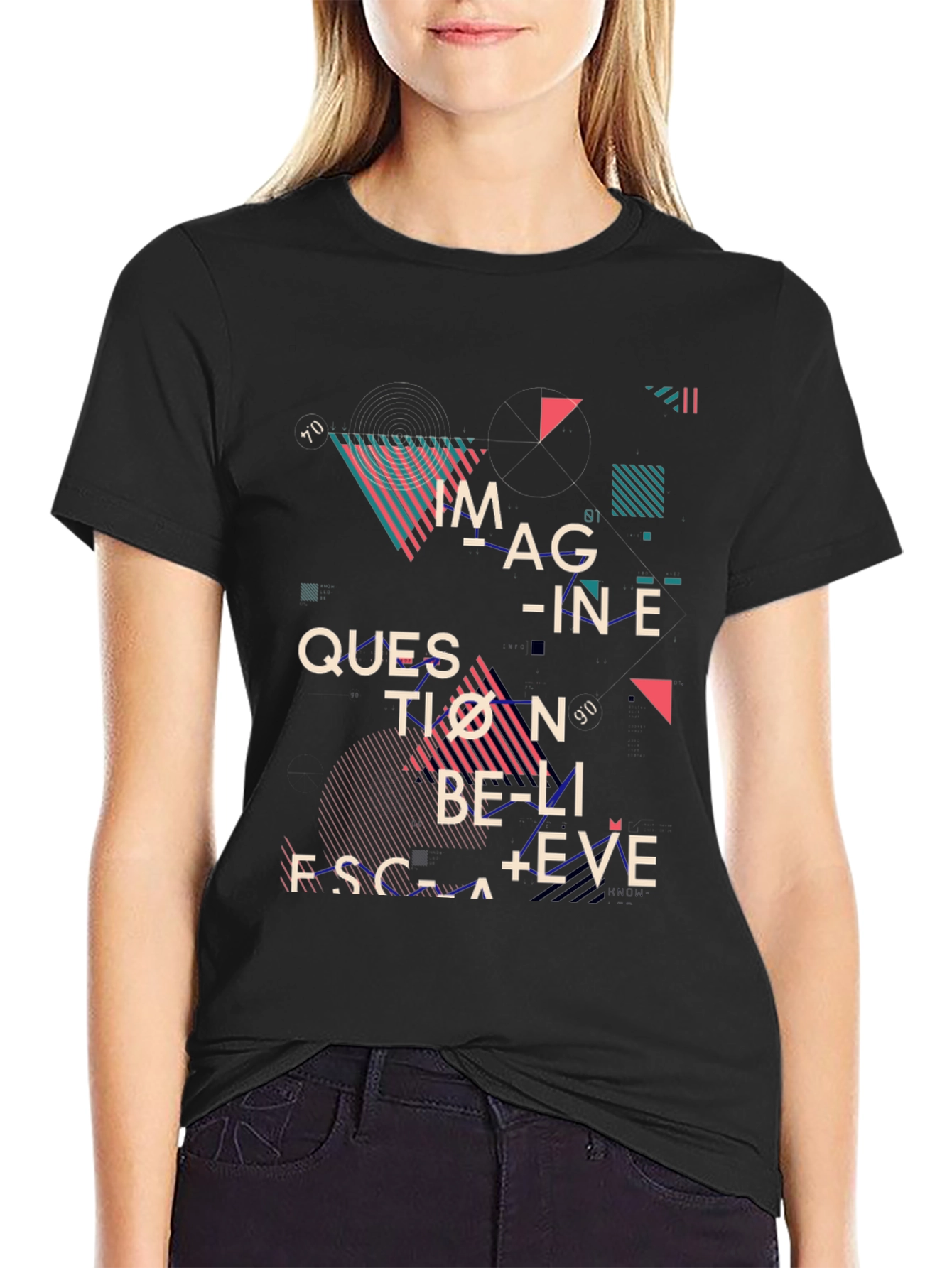 Black Abstract Graphic Print Tee - Imagine, Question, Believe view 2