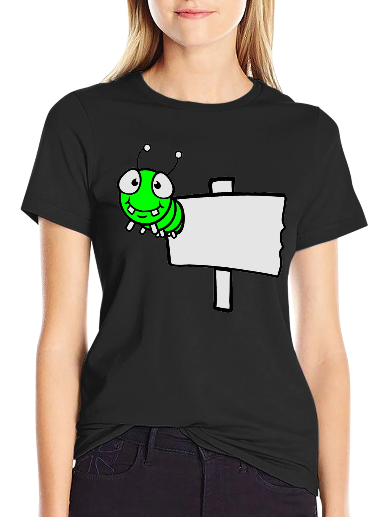 Black Cartoon Worm on Sign Graphic Tee - Black view 2