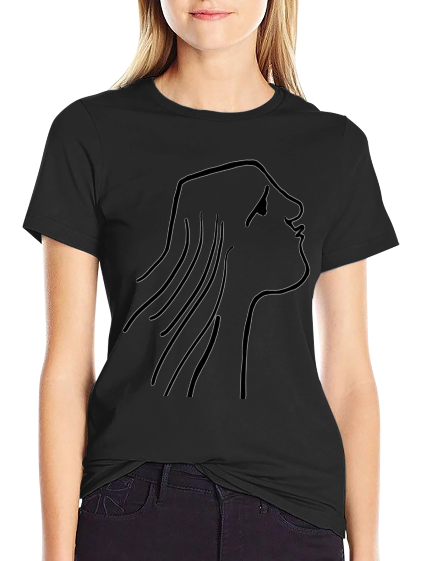 Black Minimalist Face Line Art Black T-Shirt view 2