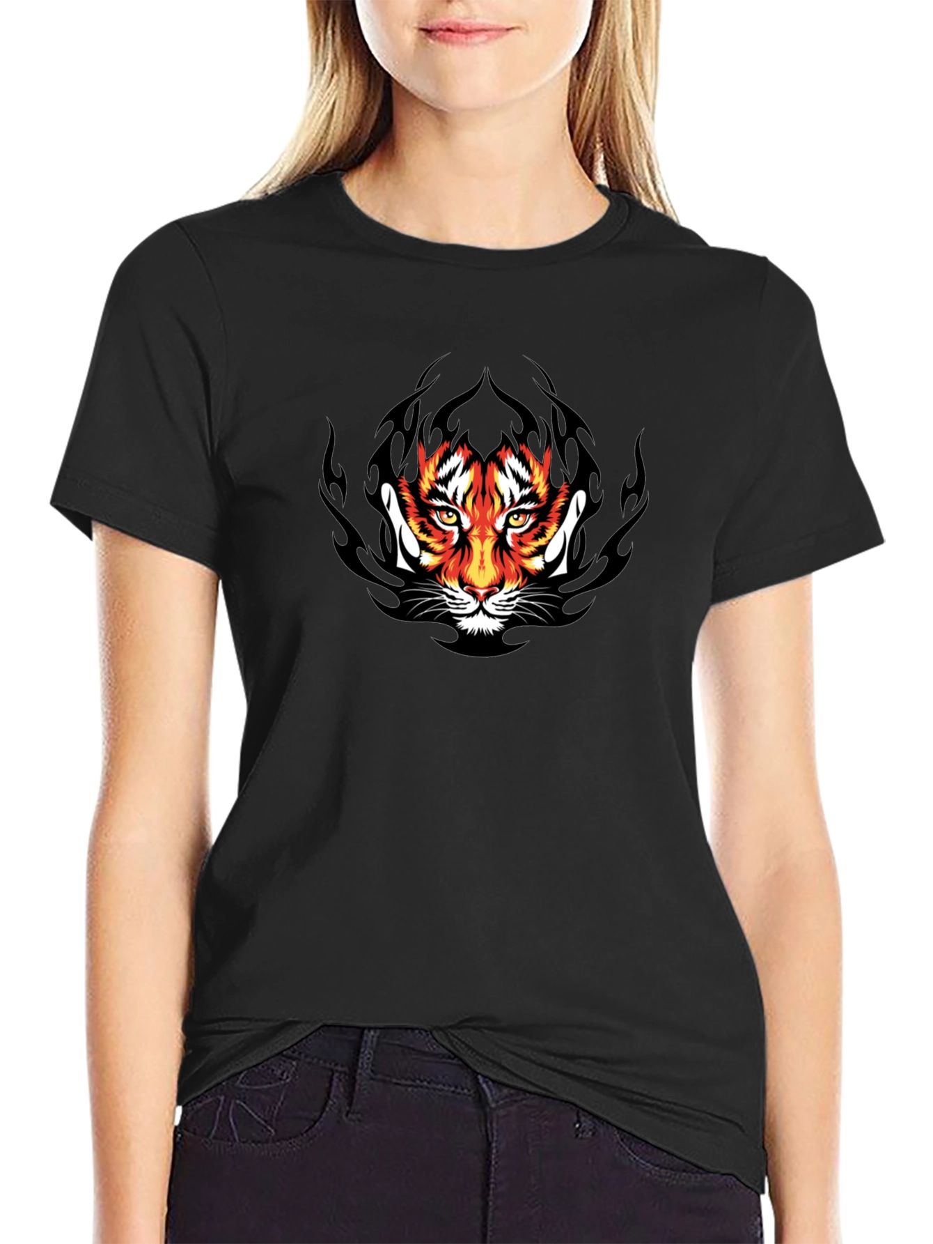 Black Tiger Face Graphic Black T-Shirt view 2
