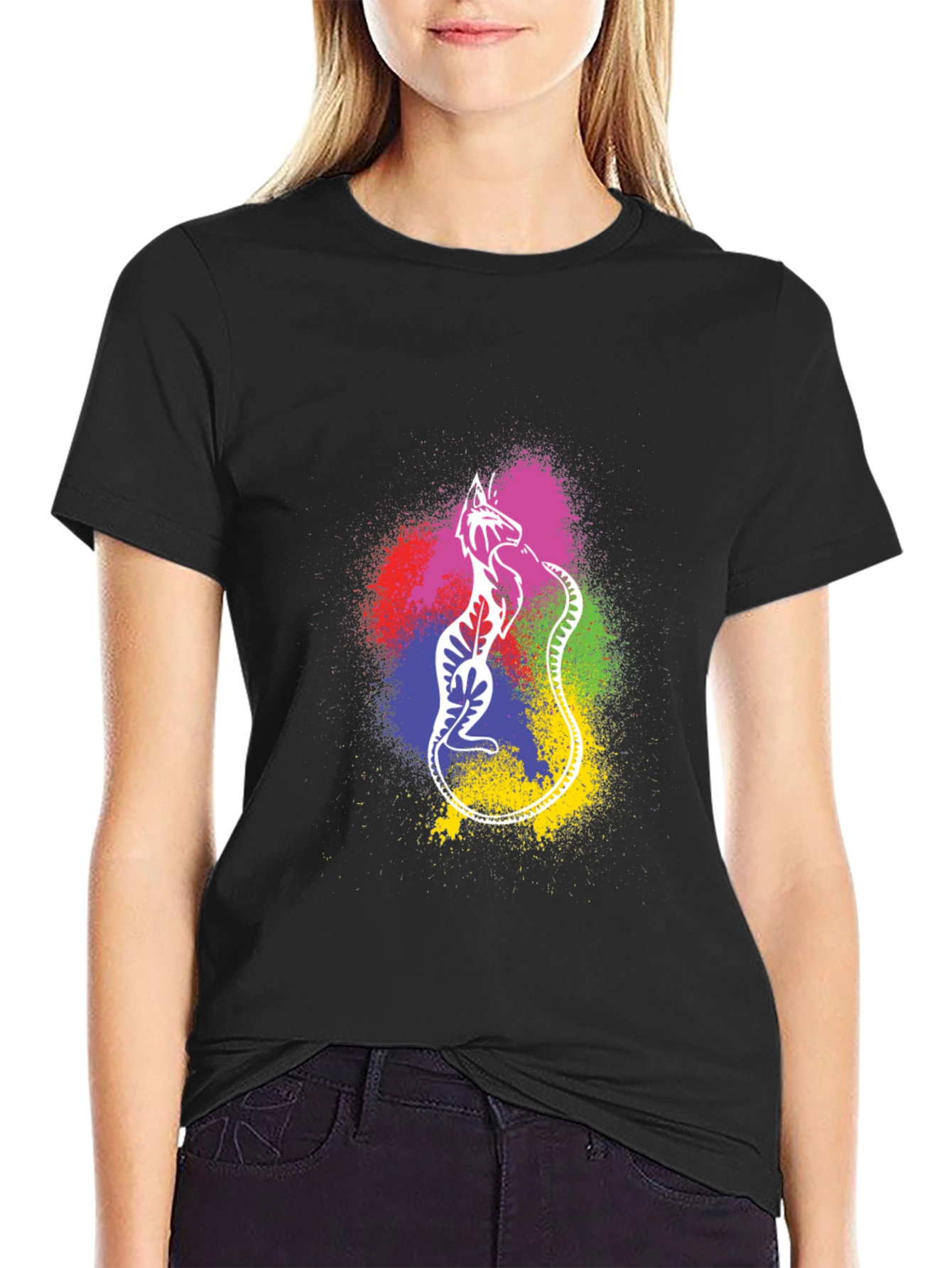 Black Colorful Cat Graphic T-Shirt - Black view 2