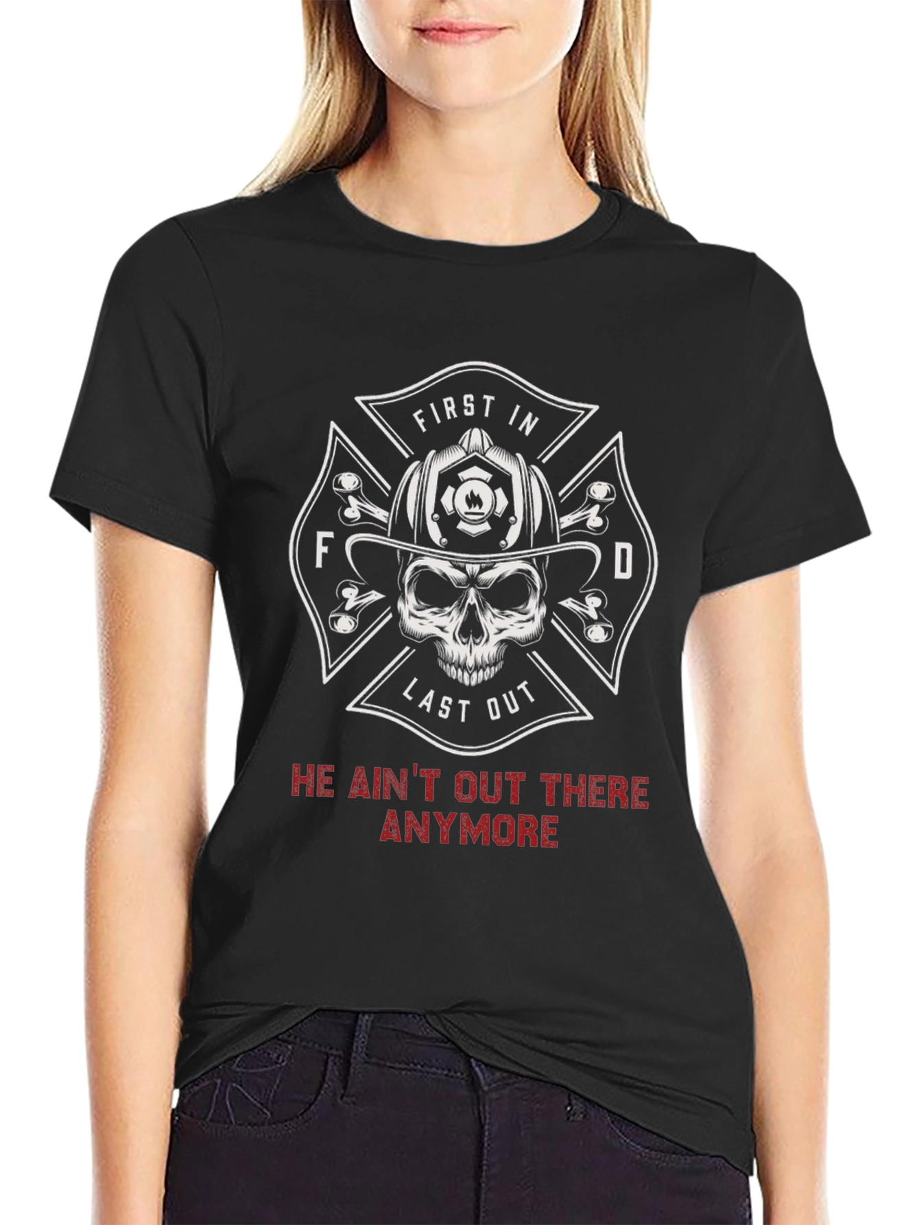 Black Firefighter Skull T-Shirt - First In Last Out view 2