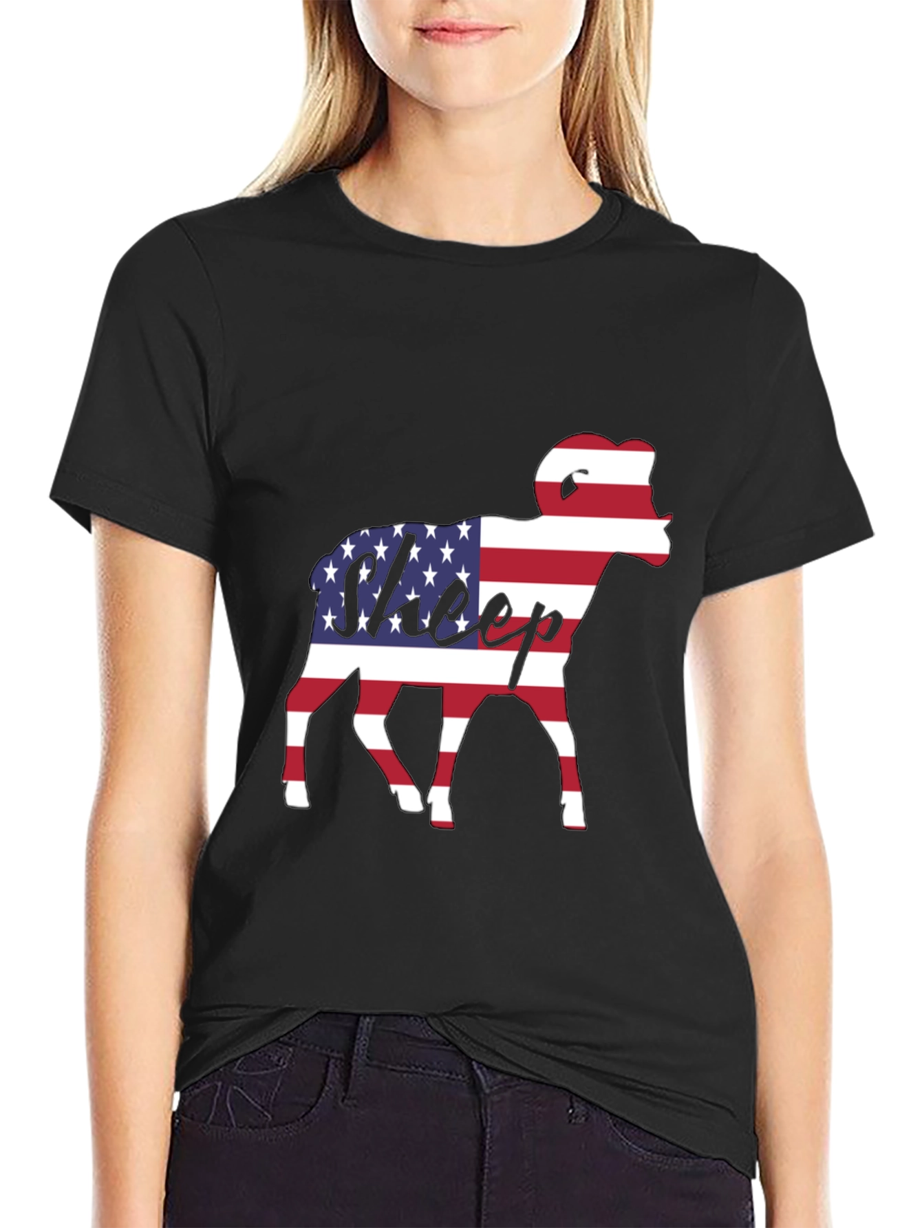 Black Patriotic Sheep T-Shirt - USA Flag Graphic Tee view 2
