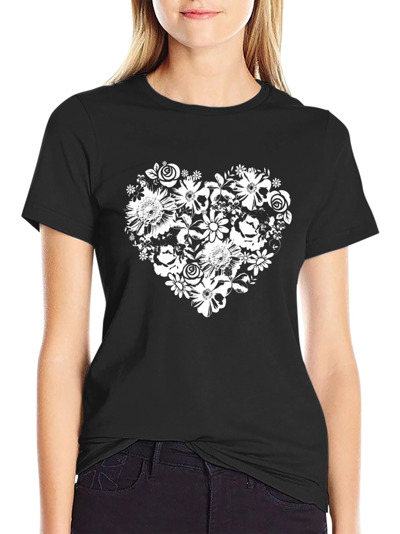 Black Floral Heart Graphic Tee - Black Cotton Blend view 2