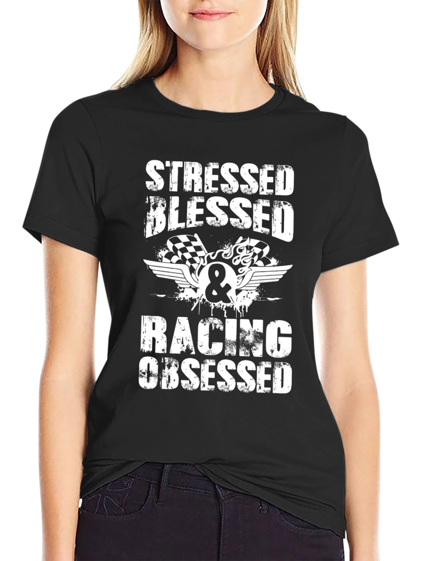 Black Stressed Blessed Racing Obsessed Graphic Tee view 2