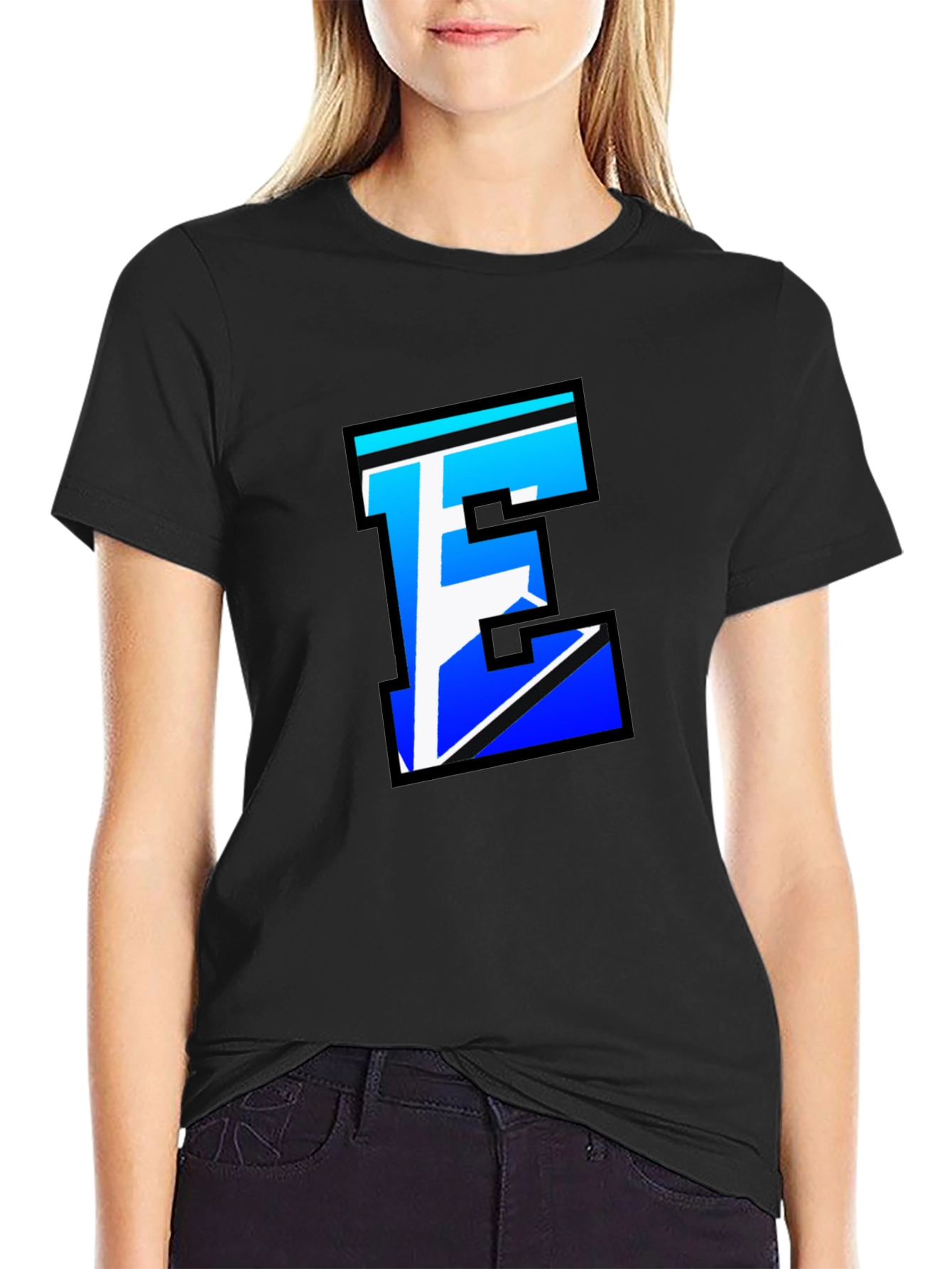 Black Stylish Letter E Graphic Tee - Black Cotton Blend view 2