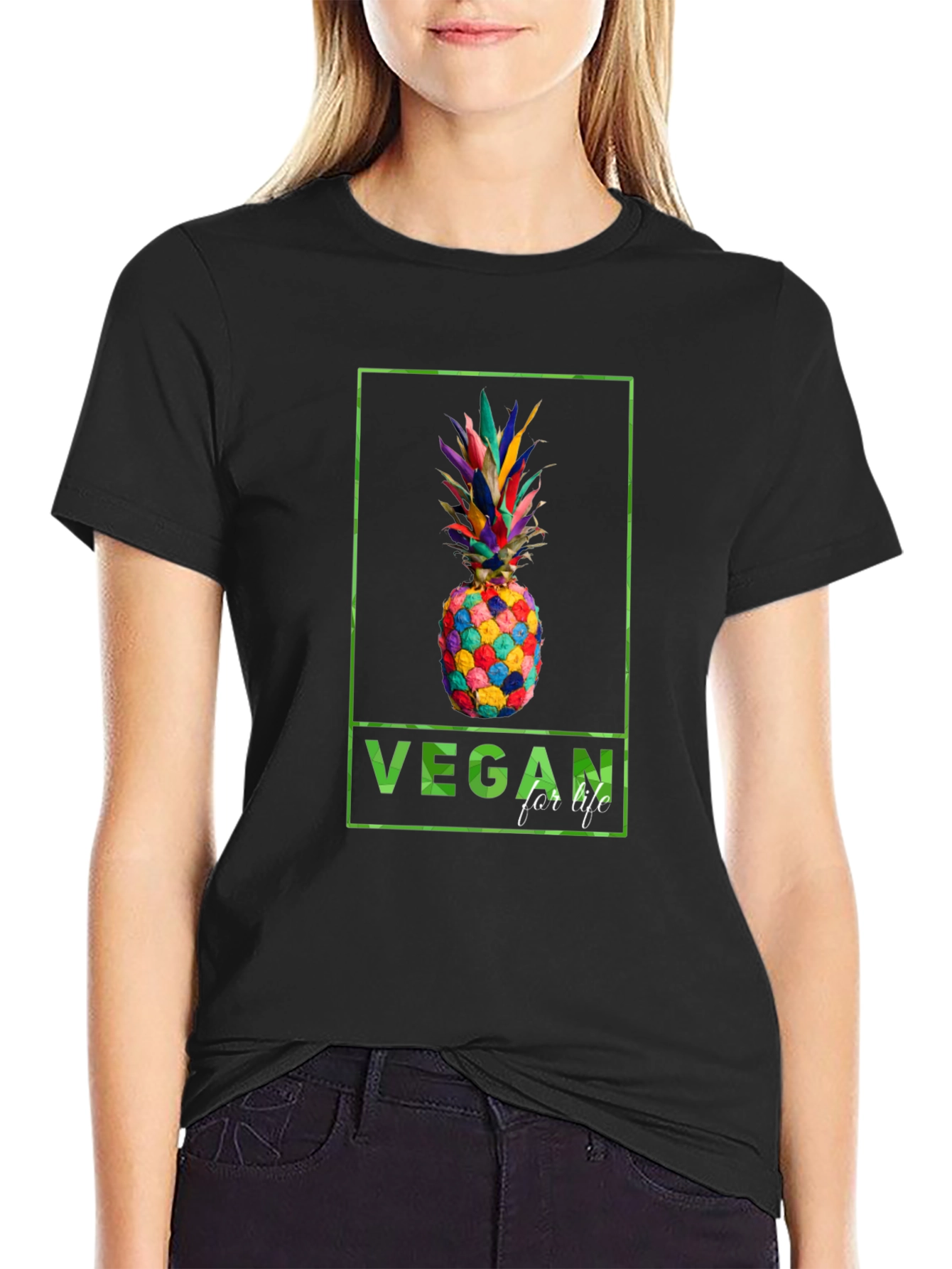 Black Vegan for Life Colorful Pineapple Graphic Tee view 2