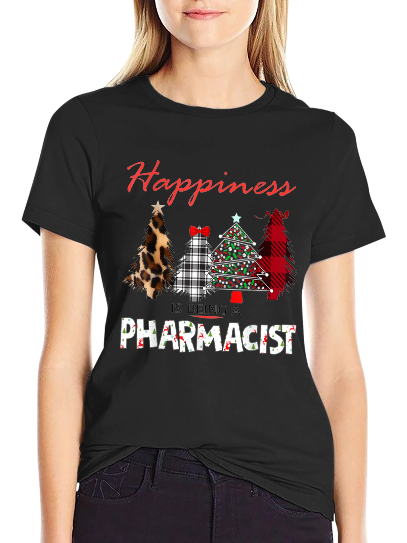 Black Happiness is Being A Pharmacist Christmas Tree T-Shirt view 2
