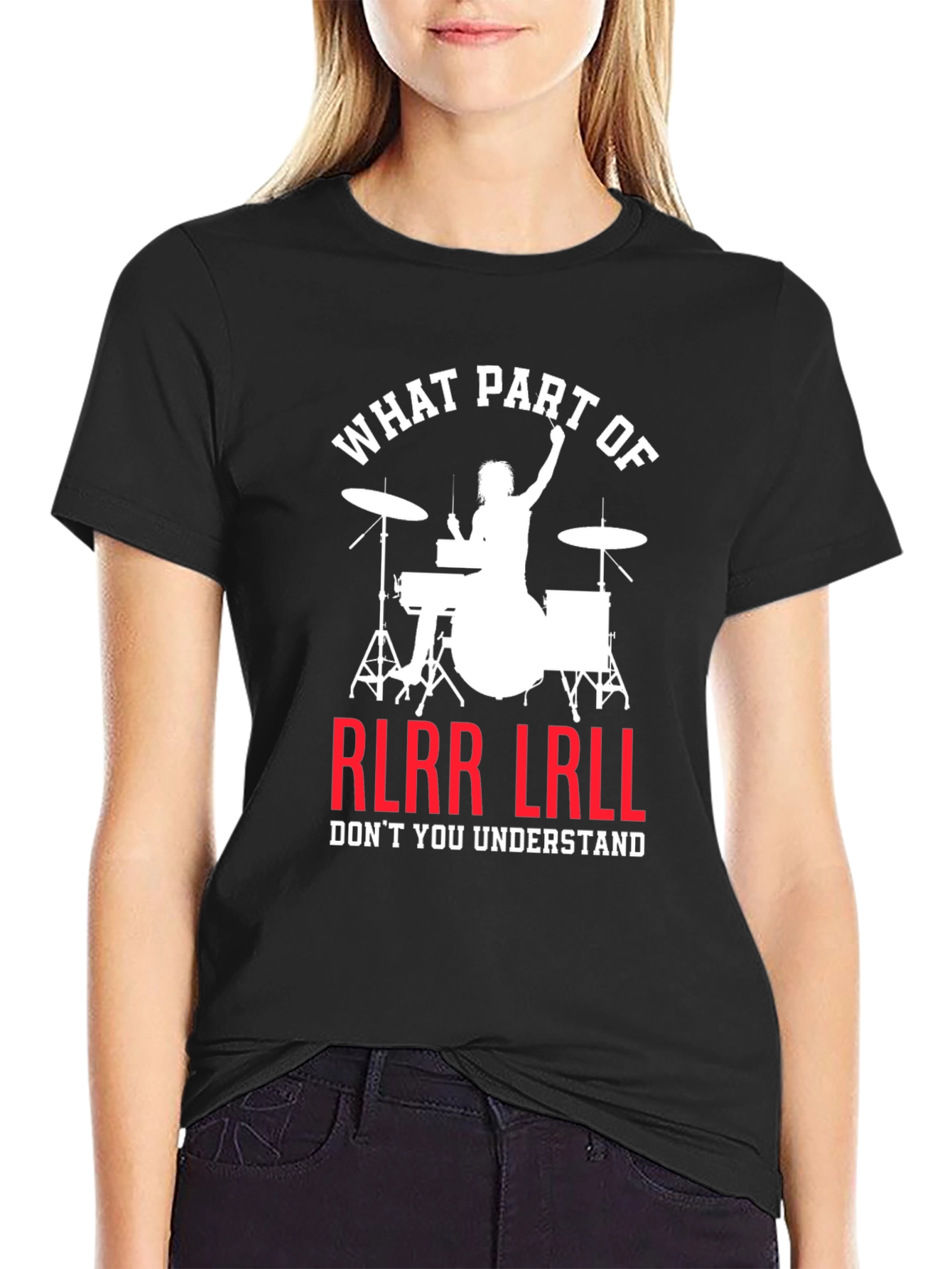 Black Drummer RLRR LRLL T-Shirt Funny Music Tee view 2