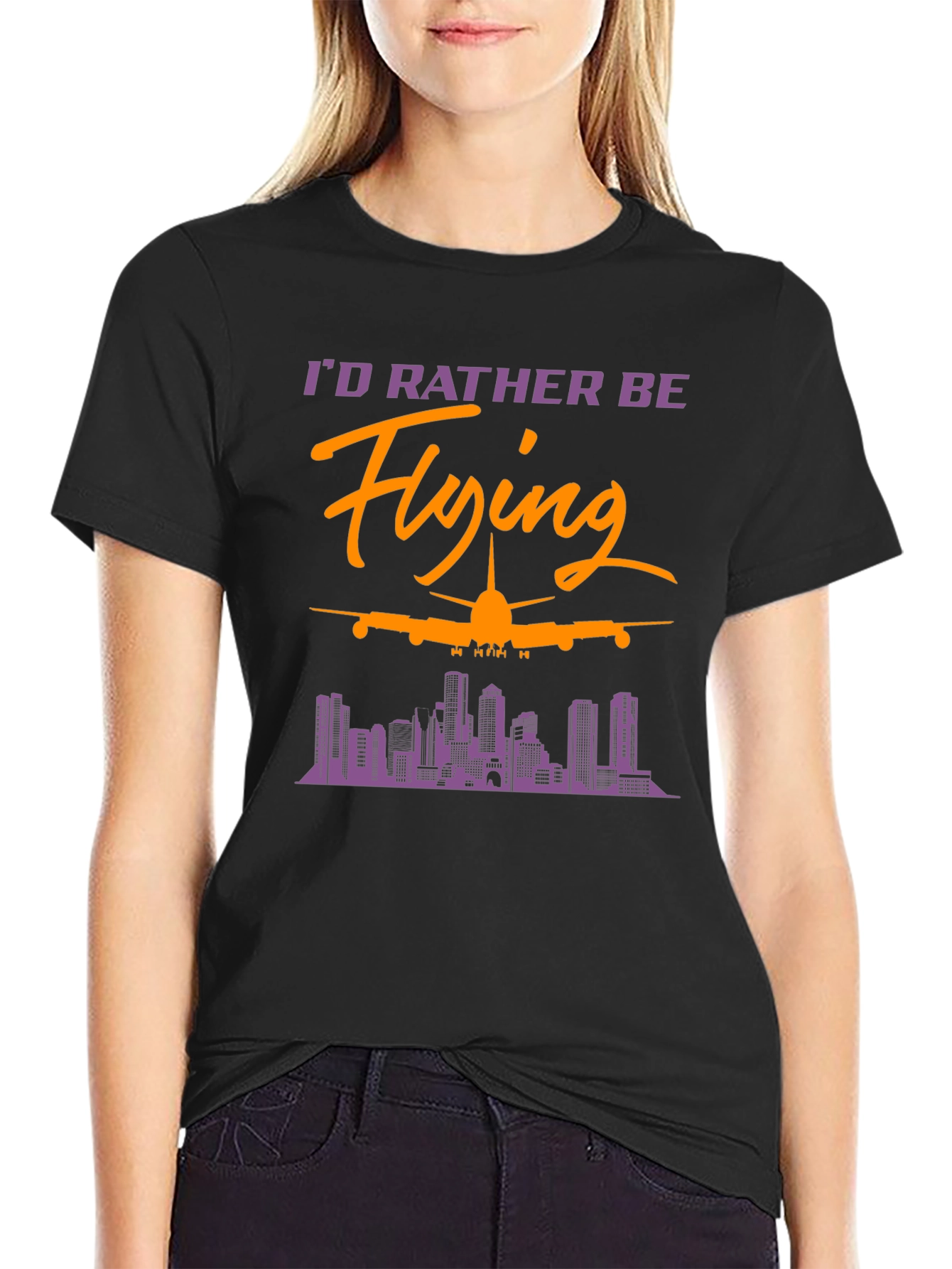 Black I'd Rather Be Flying T-Shirt: Airplane & City Skyline view 2