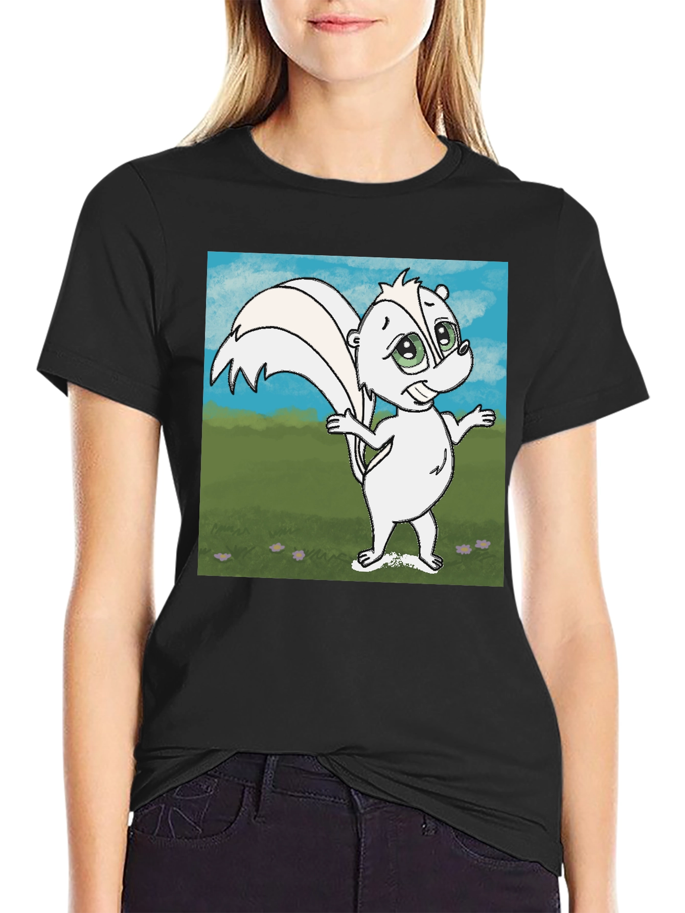 Black Cartoon Skunk Graphic T-Shirt - Unisex Cotton Tee view 2