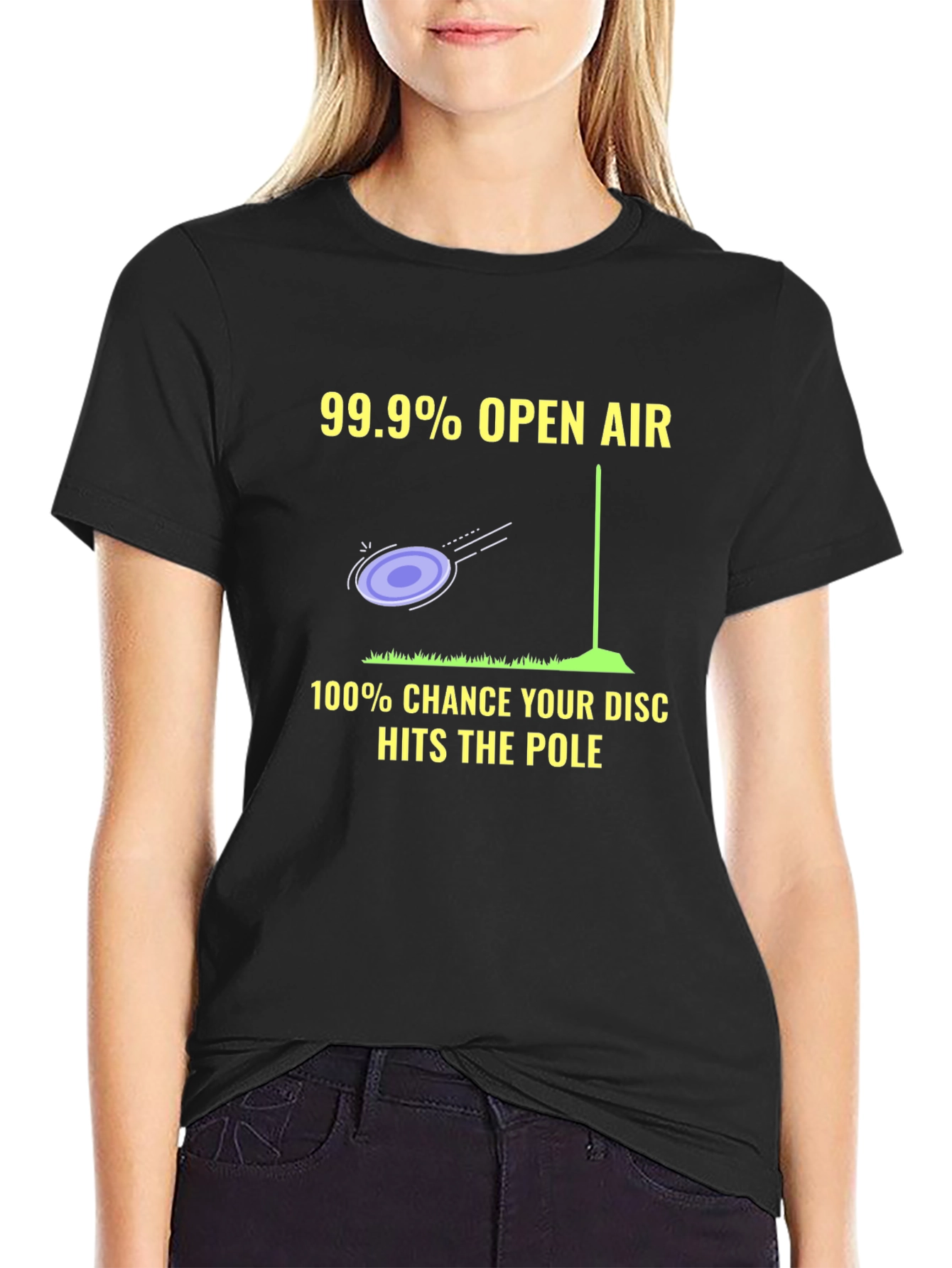 Black Funny Disc Golf T-Shirt: Open Air & Pole Hits! view 2