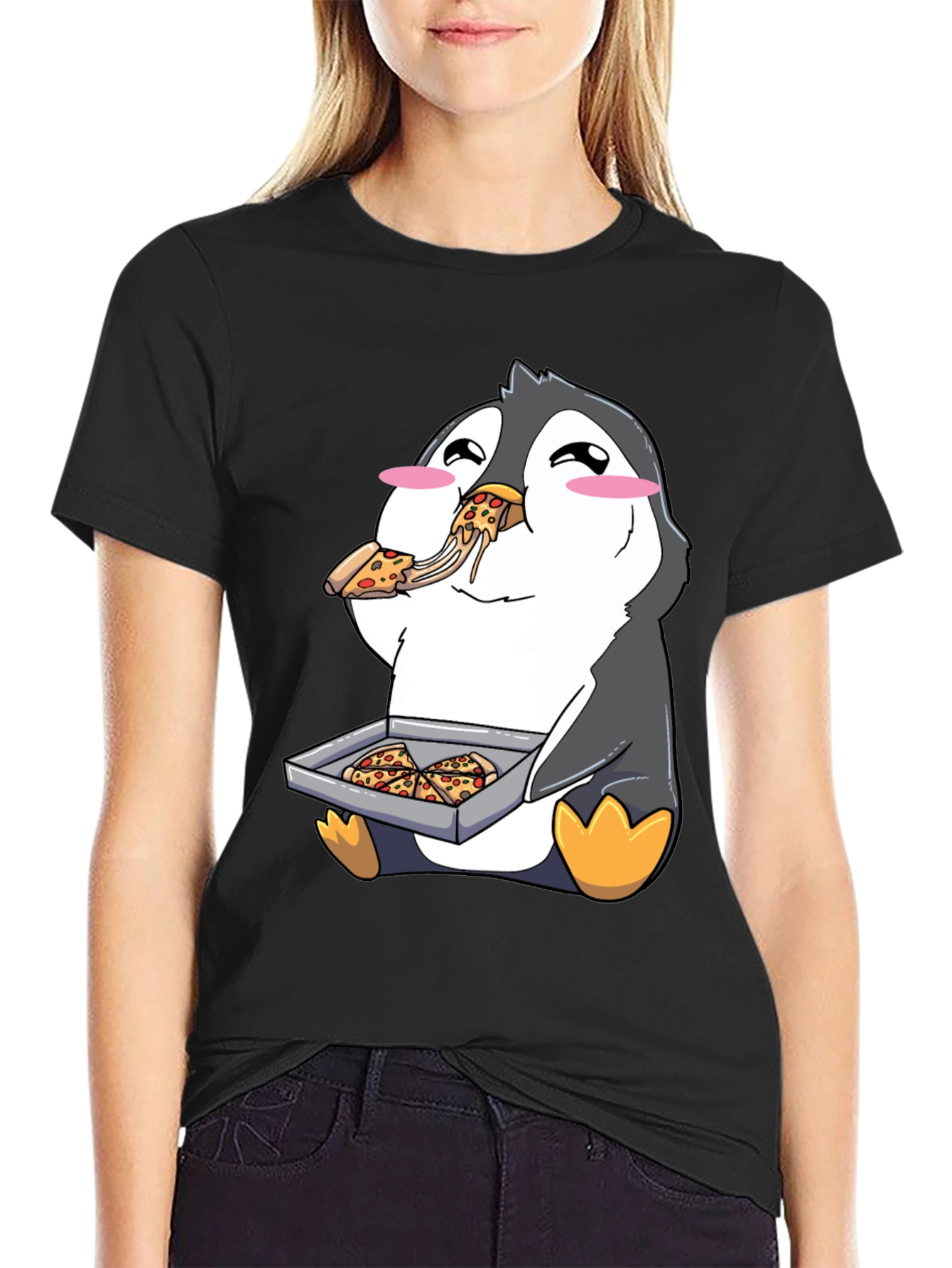 Black Pizza Penguin Graphic Tee - Cute & Fun Design view 2