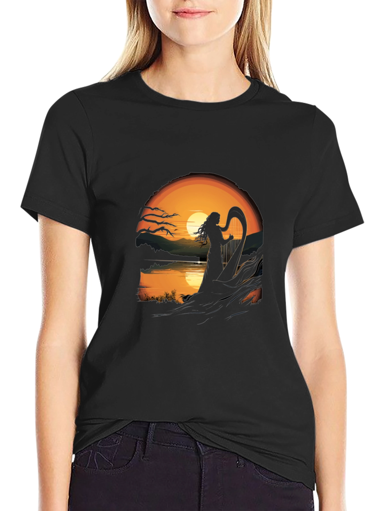 Black Sunset Harpist T-Shirt view 2