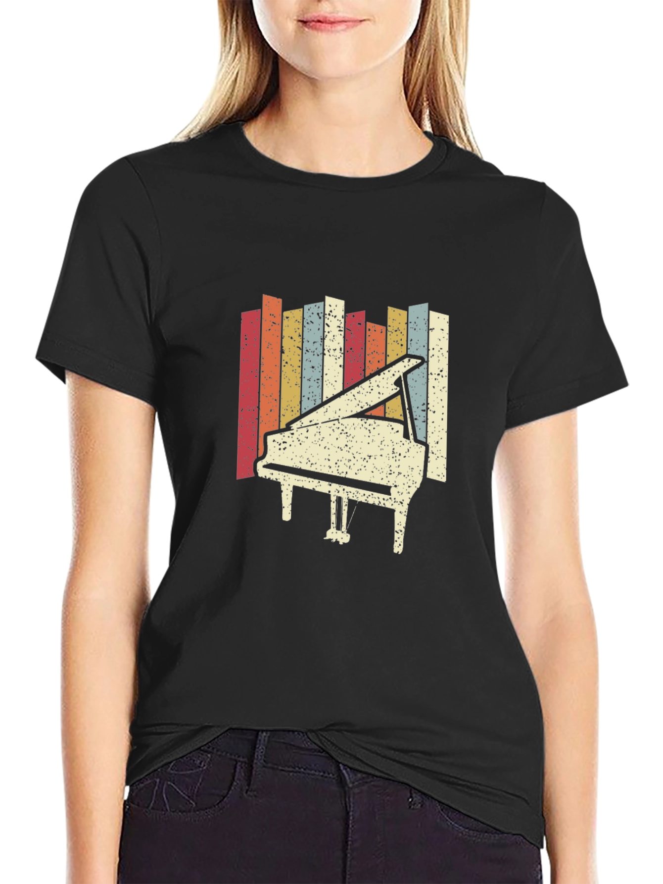 Black Retro Piano Graphic Tee - Classic Style view 2