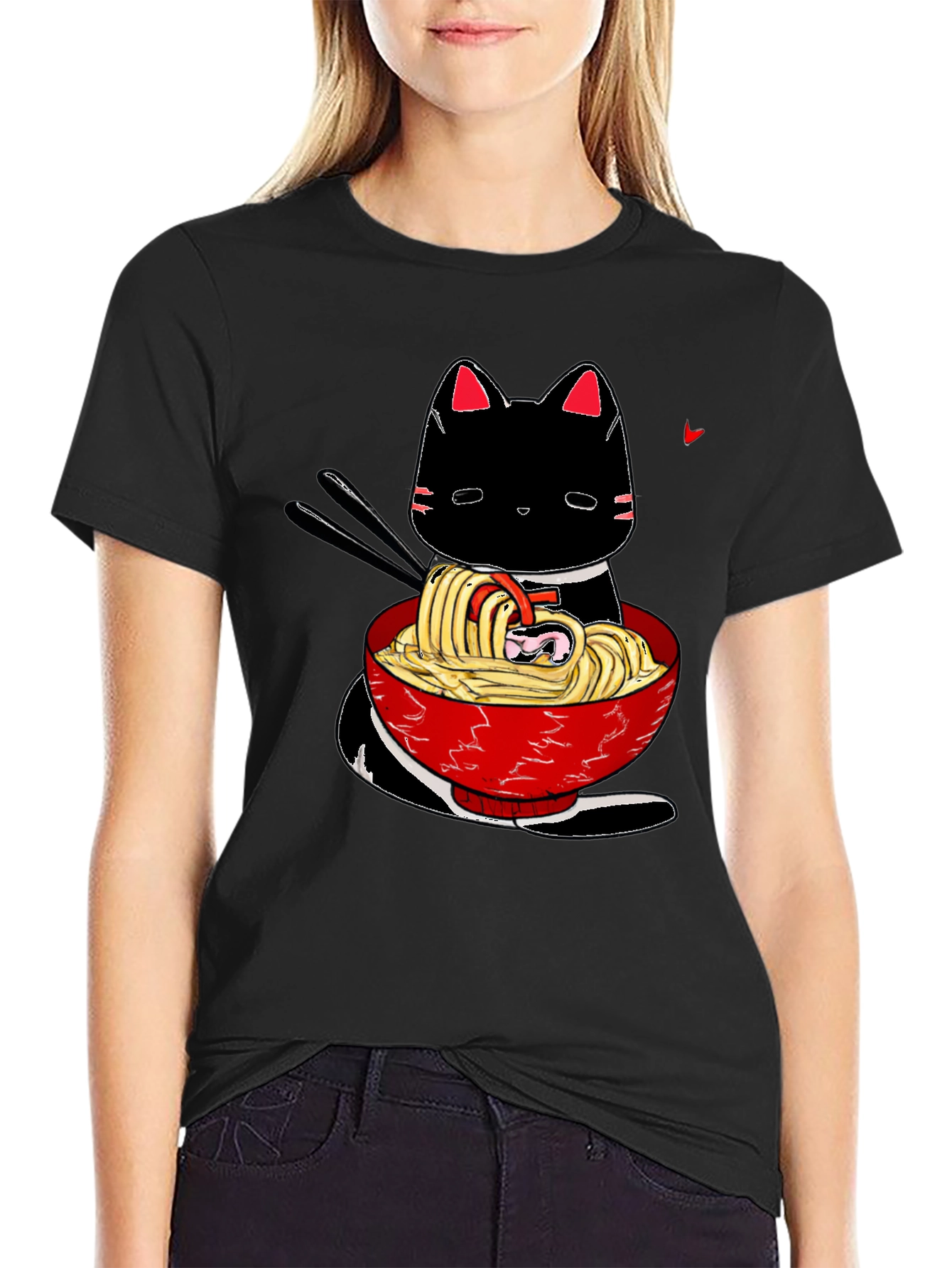 Black Ramen Cat Black T-Shirt - Anime Style view 2