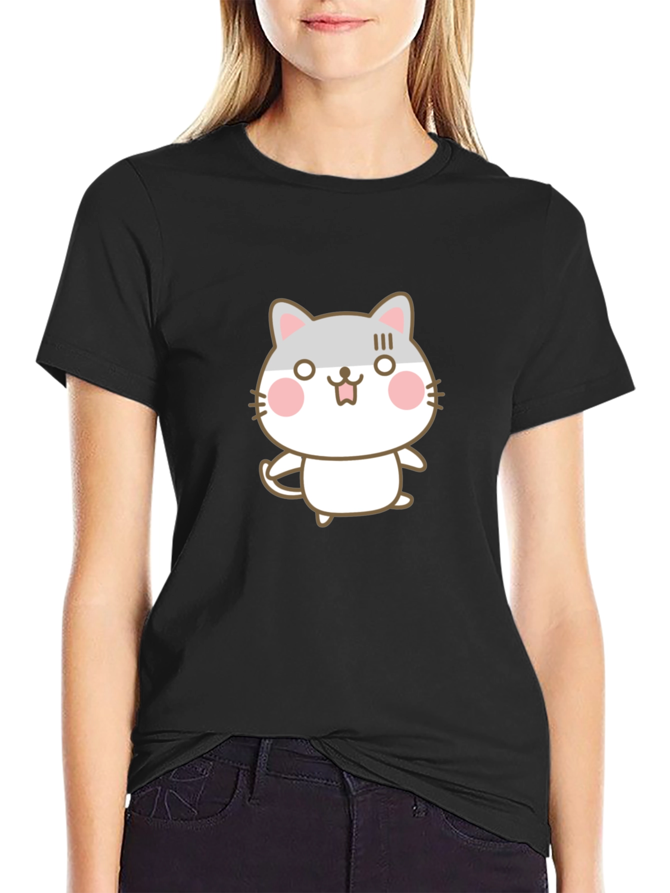 Black Cute Cartoon Cat Graphic Black T-Shirt view 2