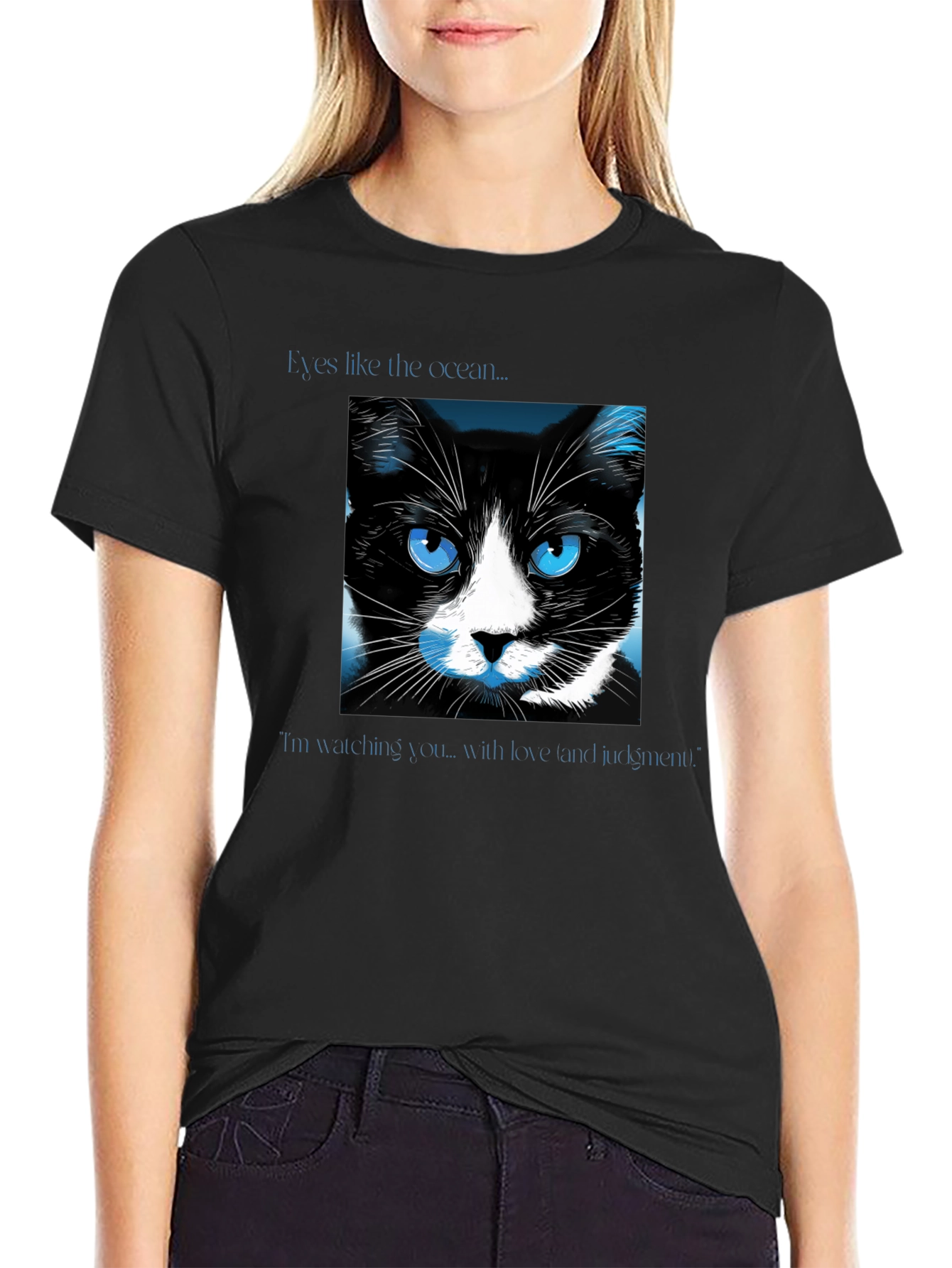 Black Ocean Eyes Cat Graphic Tee - Soft Black Shirt view 2
