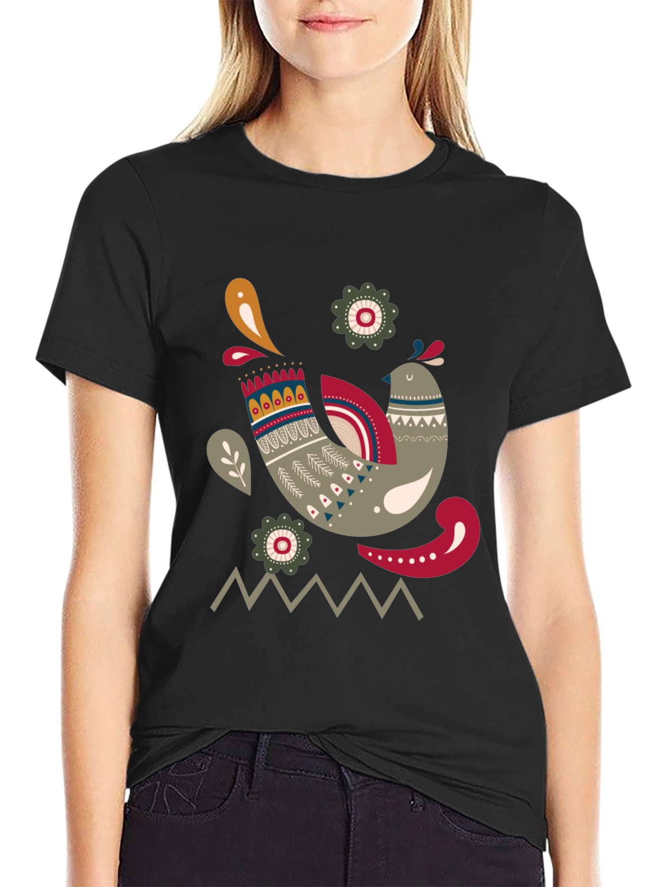 Black Stylish Bird Graphic Black T-Shirt view 2