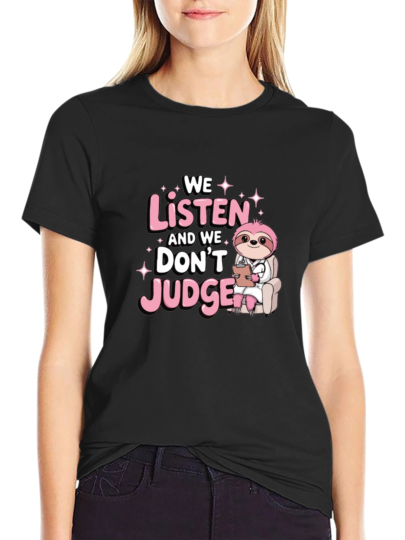 Black Sloth Therapist Graphic T-Shirt - We Listen Don't Judge! view 2