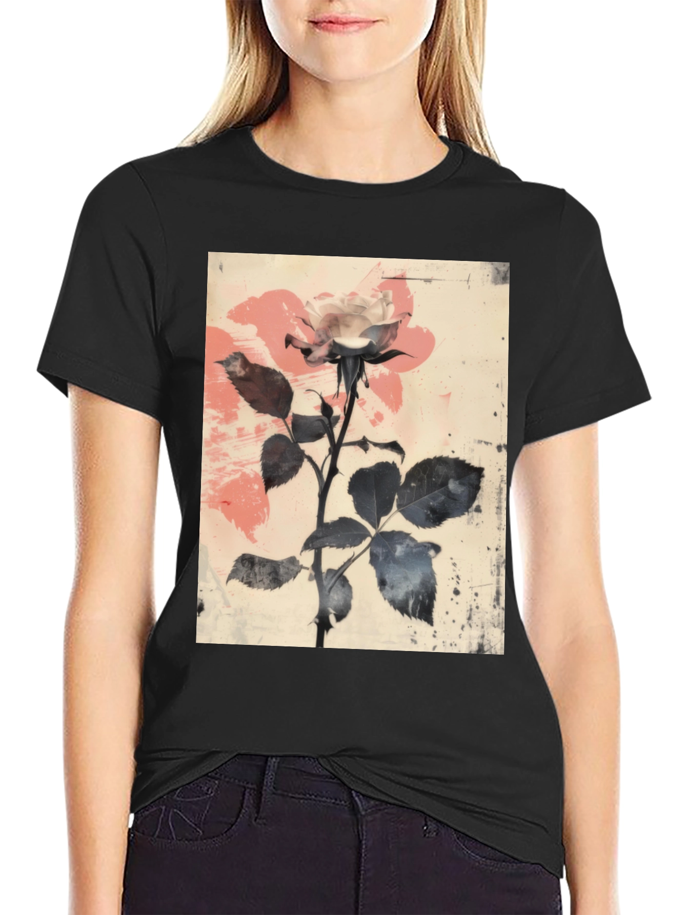 Black Floral Rose Graphic Tee - Black view 2