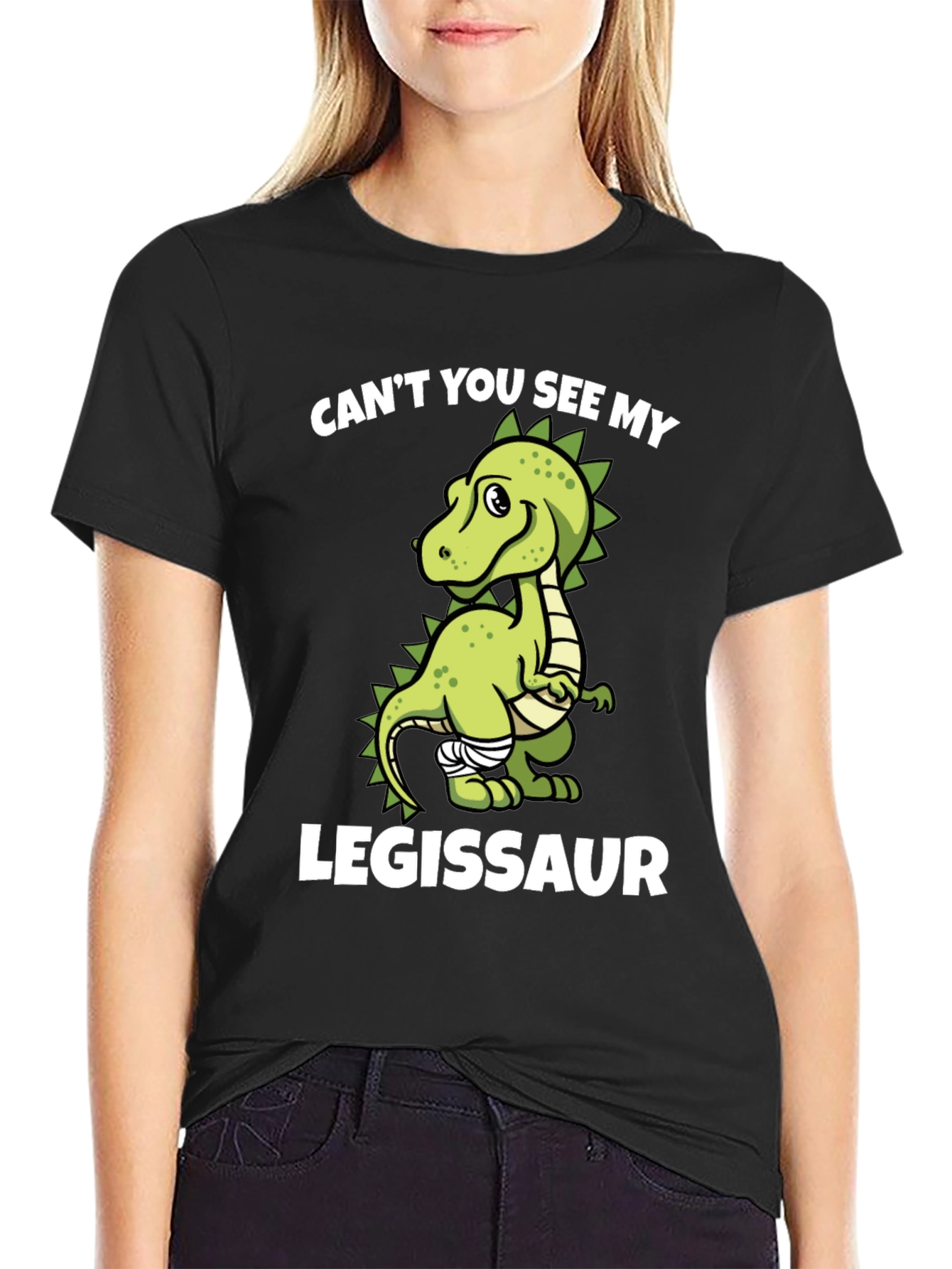 Black Legissaur T-Shirt - Funny Dinosaur Injury Tee view 2