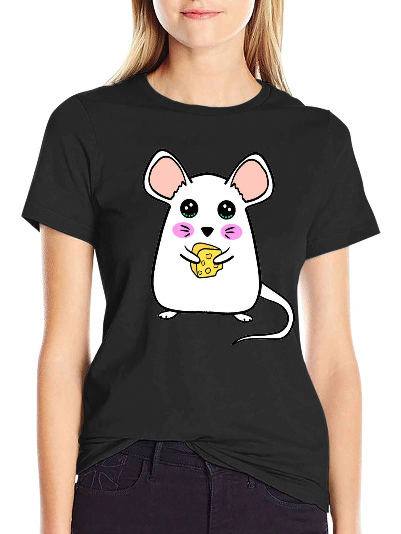 Black Cute Cartoon Mouse Eating Cheese Graphic T-Shirt view 2