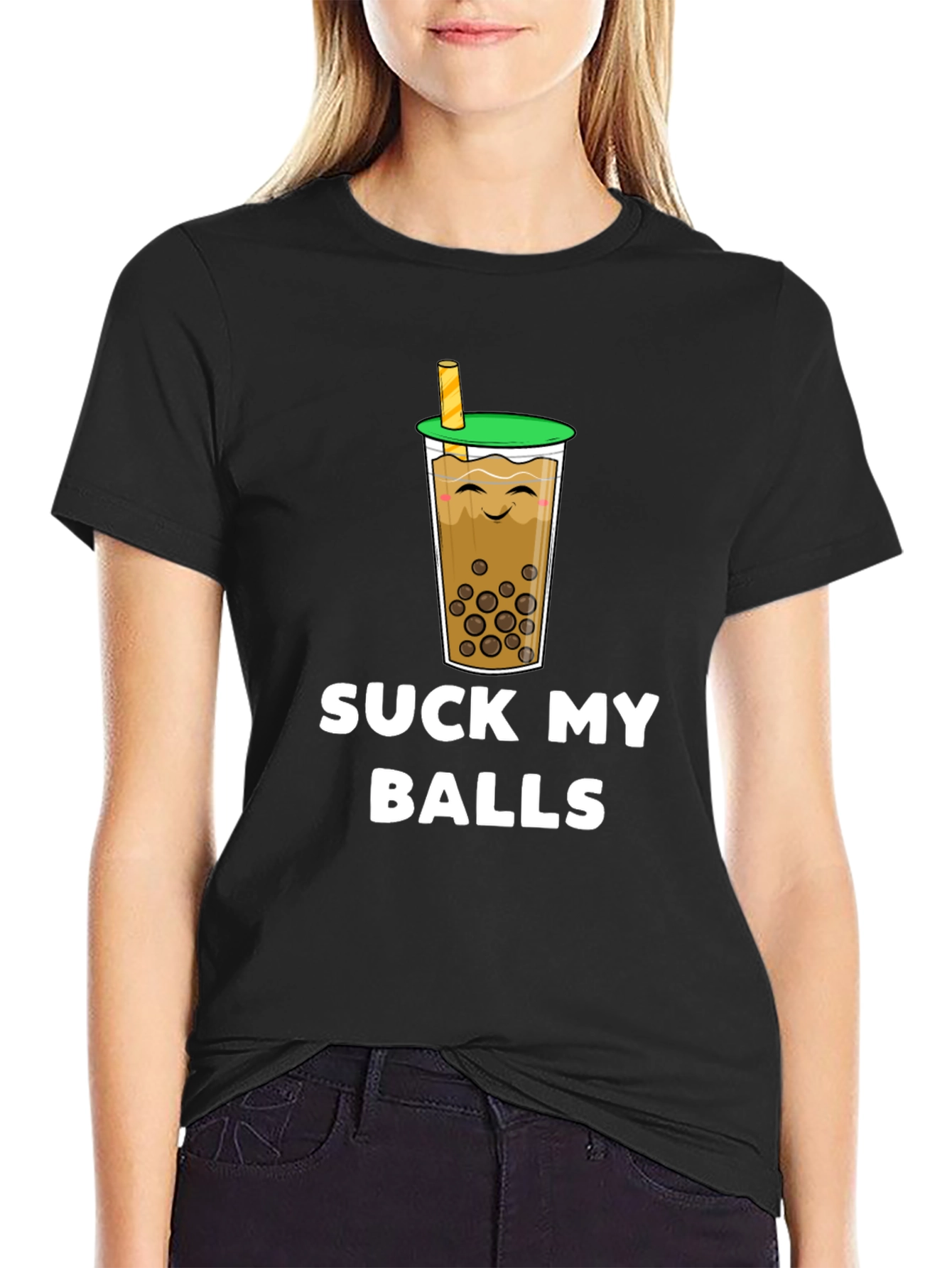Black Suck My Balls Boba Tea Graphic T-Shirt view 2