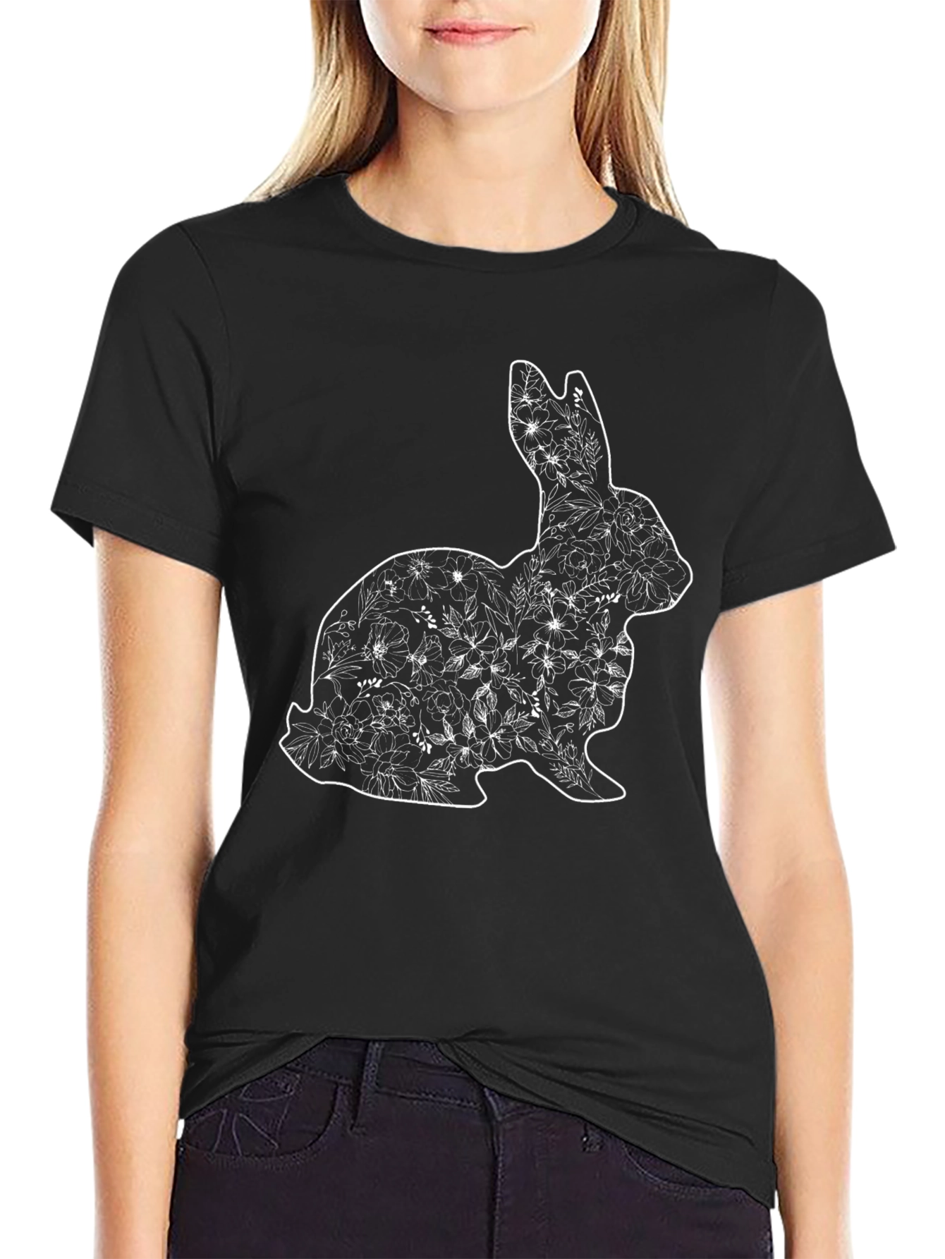Black Floral Bunny Graphic Tee - Soft Black Cotton Blend view 2